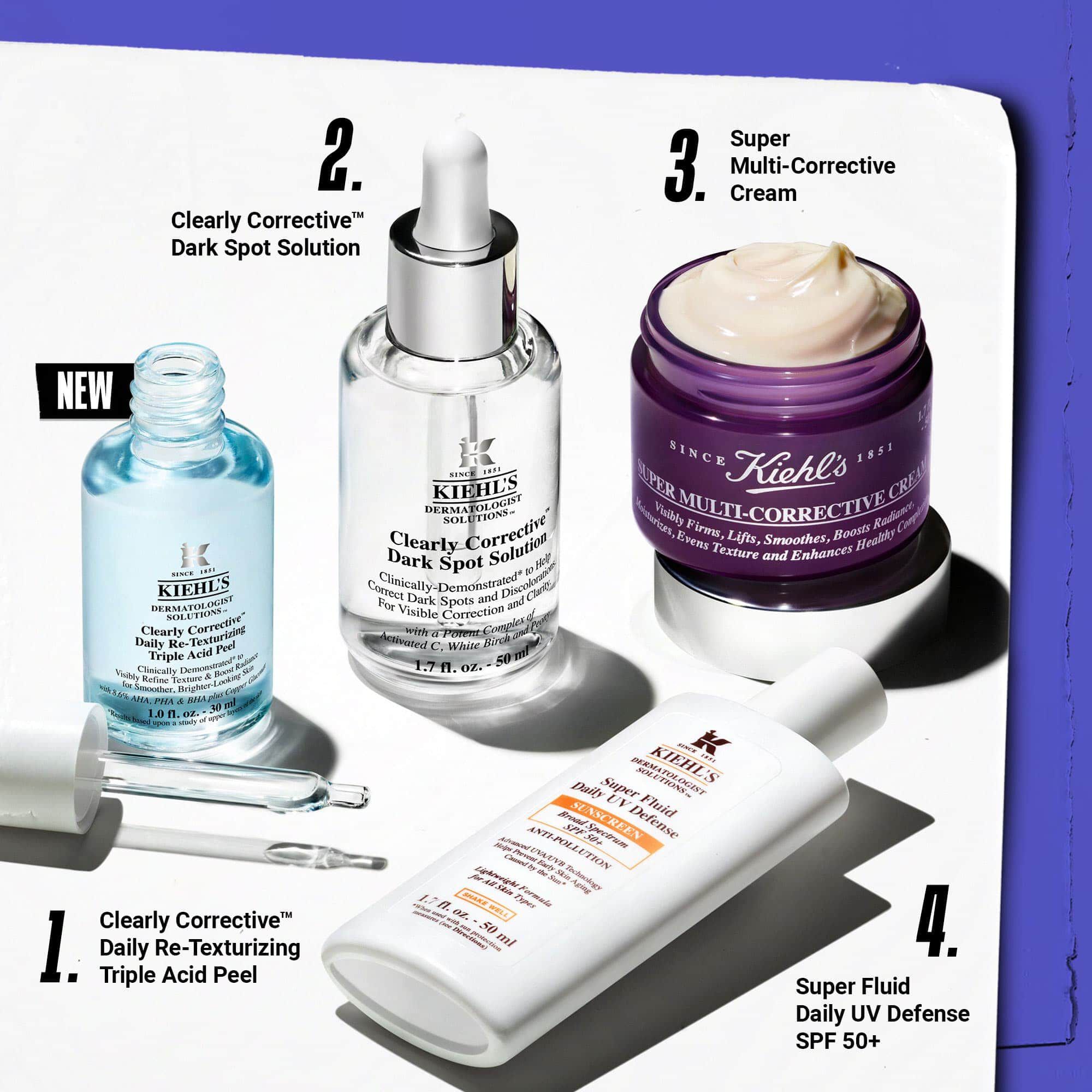 Four-step skincare routine featuring Clearly Corrective Dark Spot Solution.