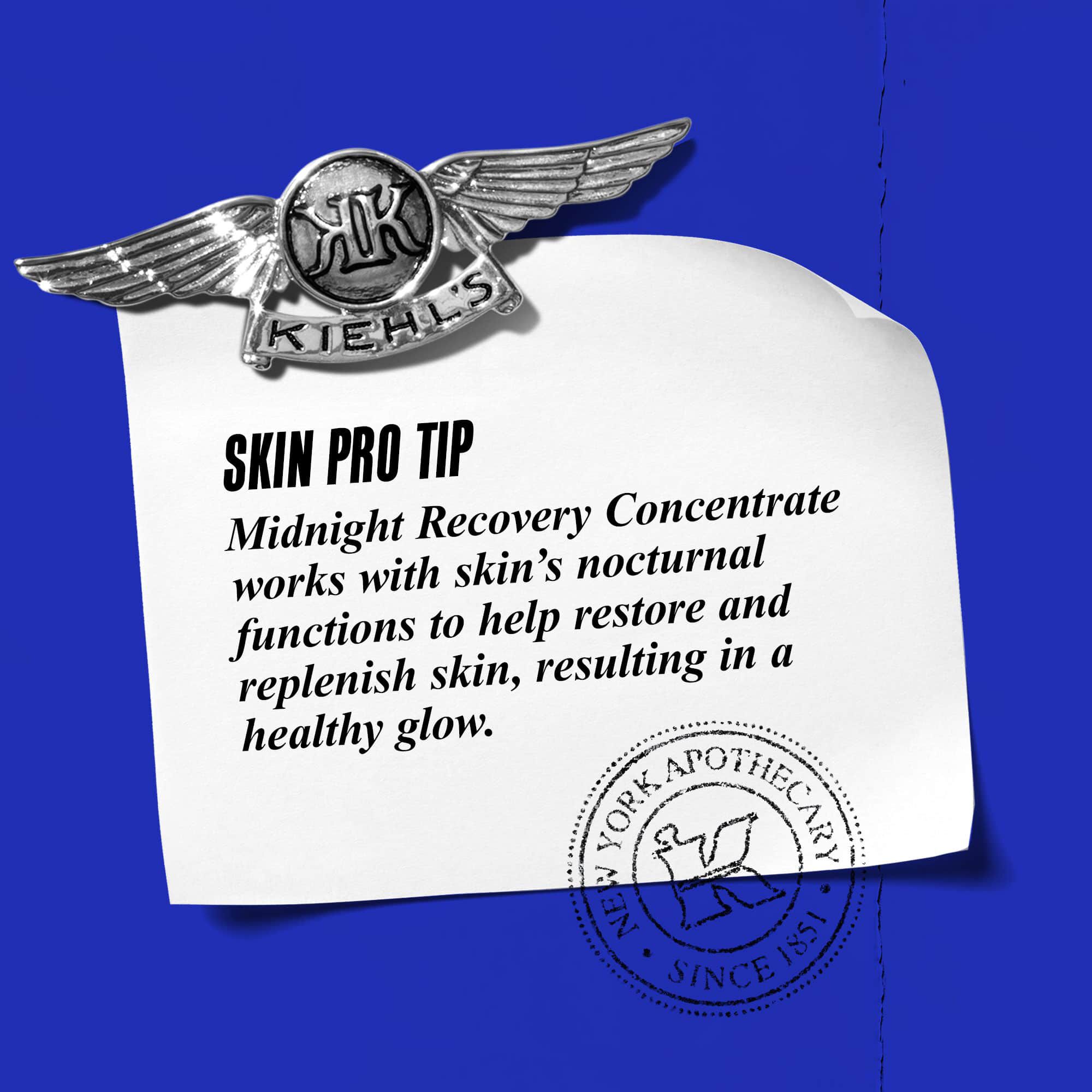 Graphic with text reading: "Skin Pro Tip: Midnight Recovery Concentrate works with skin's nocturnal functions to help restore and replenish skin, resulting in a healthy glow."