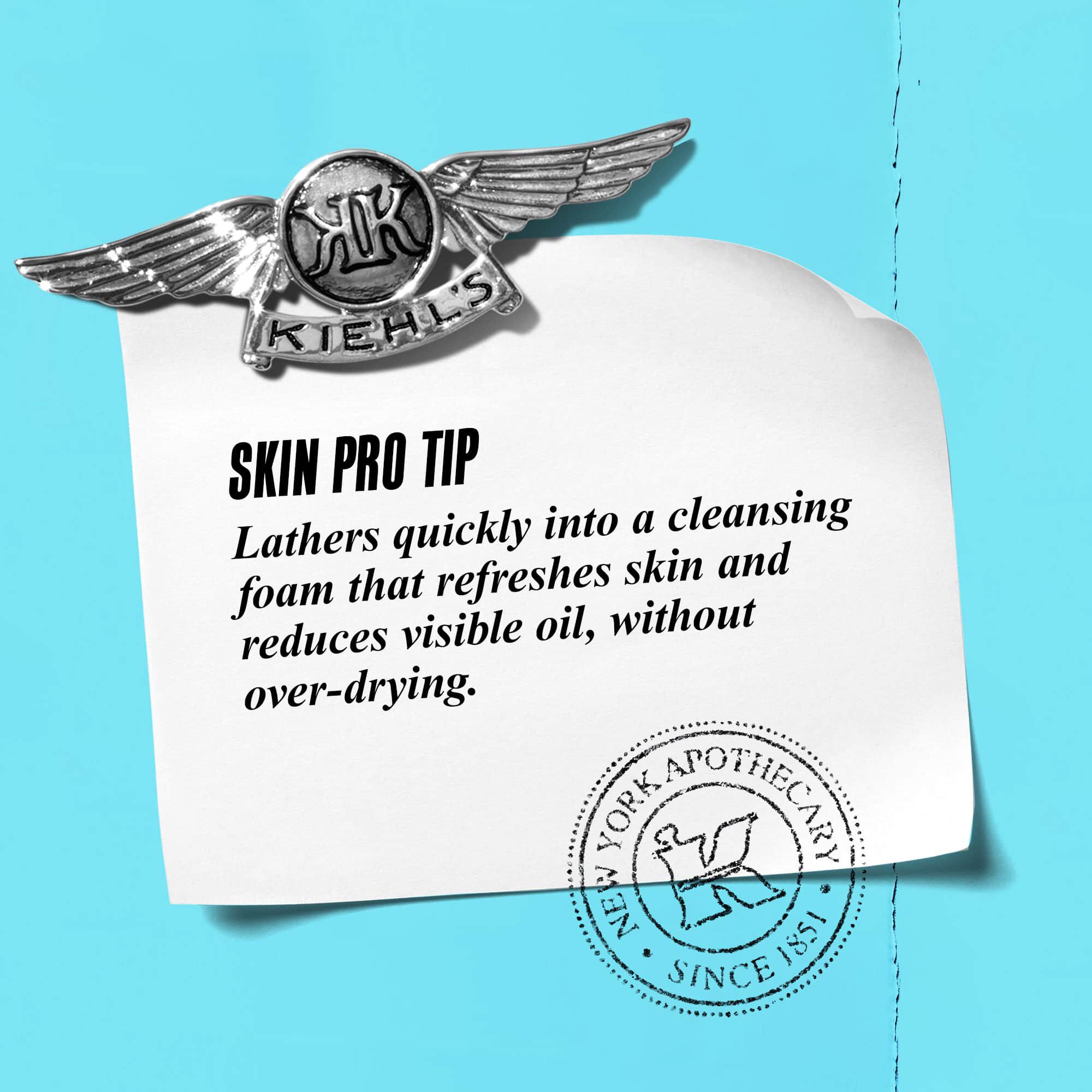 A graphic with text reading "Skin Pro Tip: Lathers quickly into a cleansing foam that refreshes skin and reduces oil without over-drying."