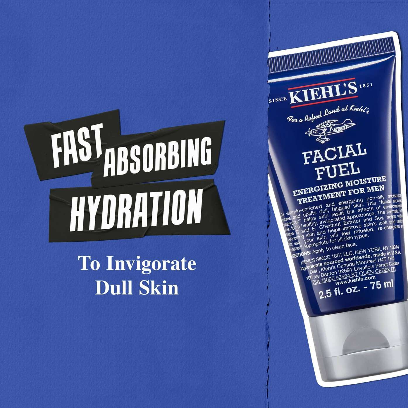 A tube of Kiehl’s Facial Fuel moisturizer for men is shown next to bold text promoting its fast-absorbing hydration for dull skin, on a blue background.