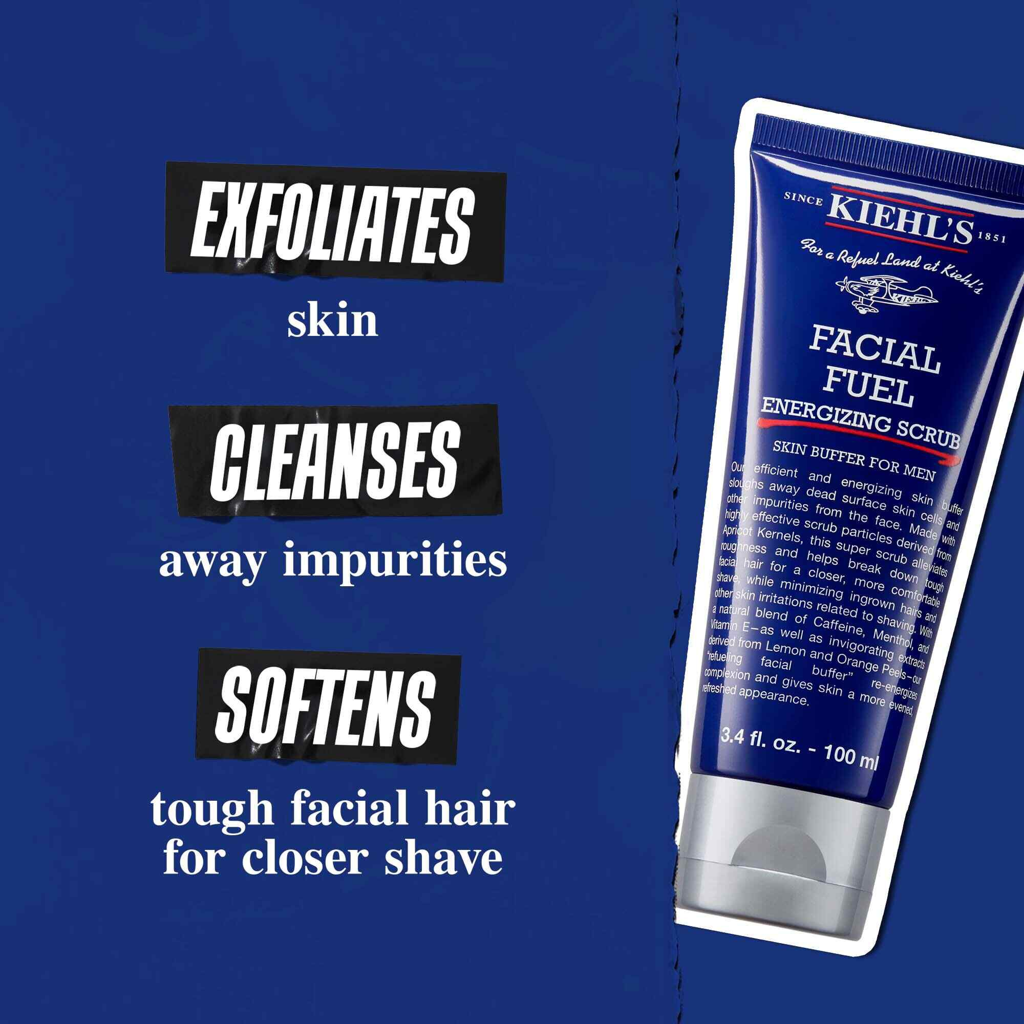 Tube of Facial Fuel Energizing Scrub against a dark blue background. Text reads: "Exfoliates skin and cleanses away impurities and softens tough facial hair for closer shave."