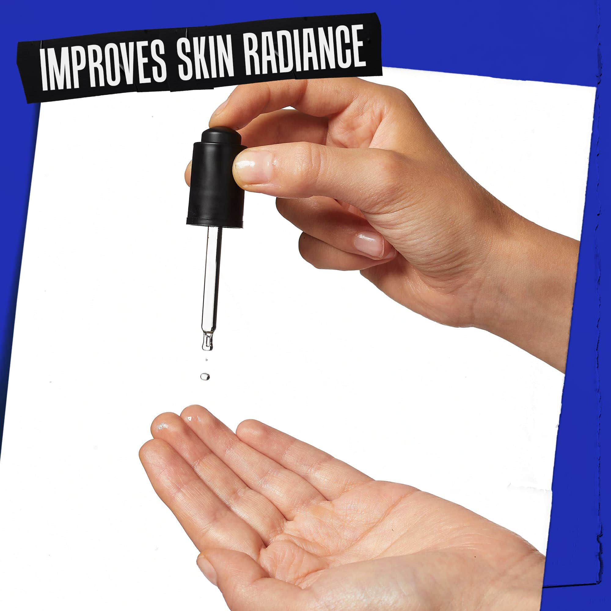 A hand with Midnight Recovery Concentrate being dropped onto it labeled, "Improves Skin Radiance."