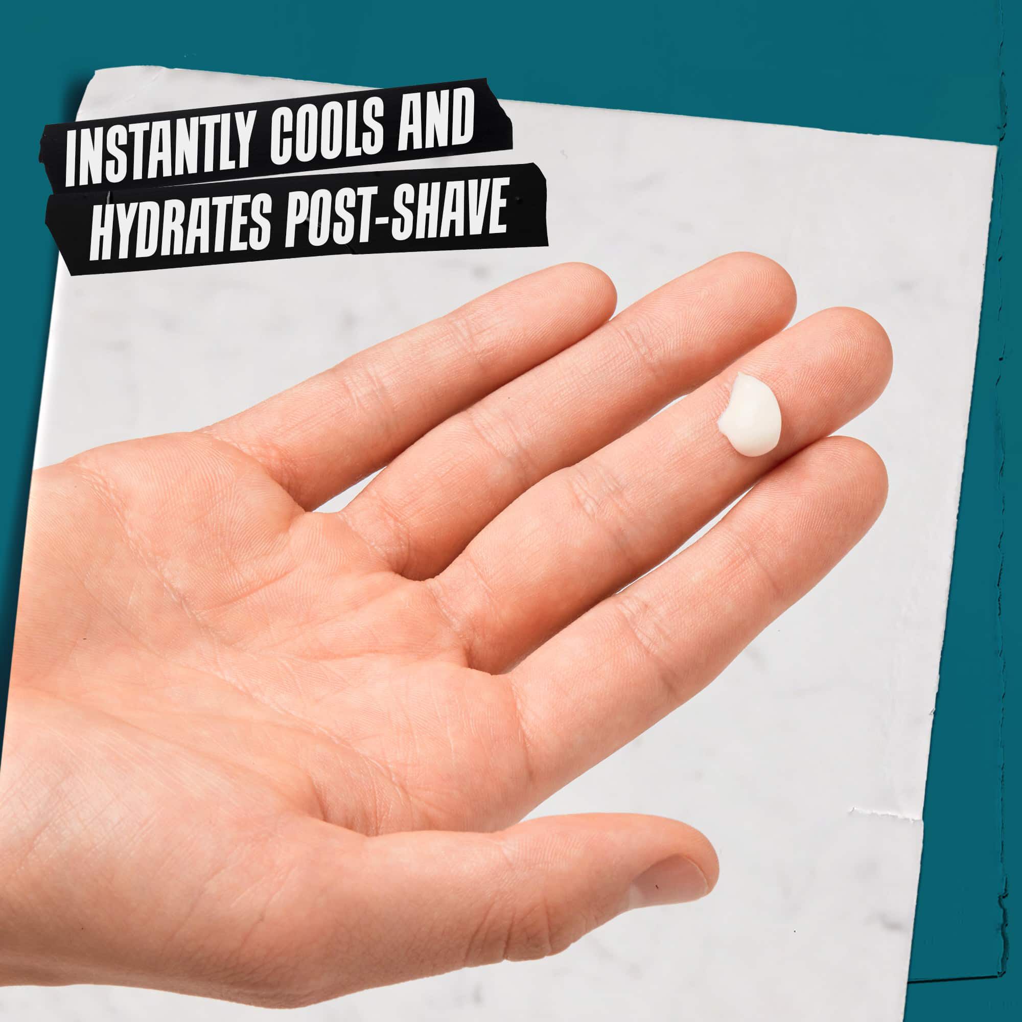 Hand with a small amount of Close Shavers Squadron Smooth Glider Precision Shave Lotion. Text reads "Instantly Cools and Soothes Post-Shave."