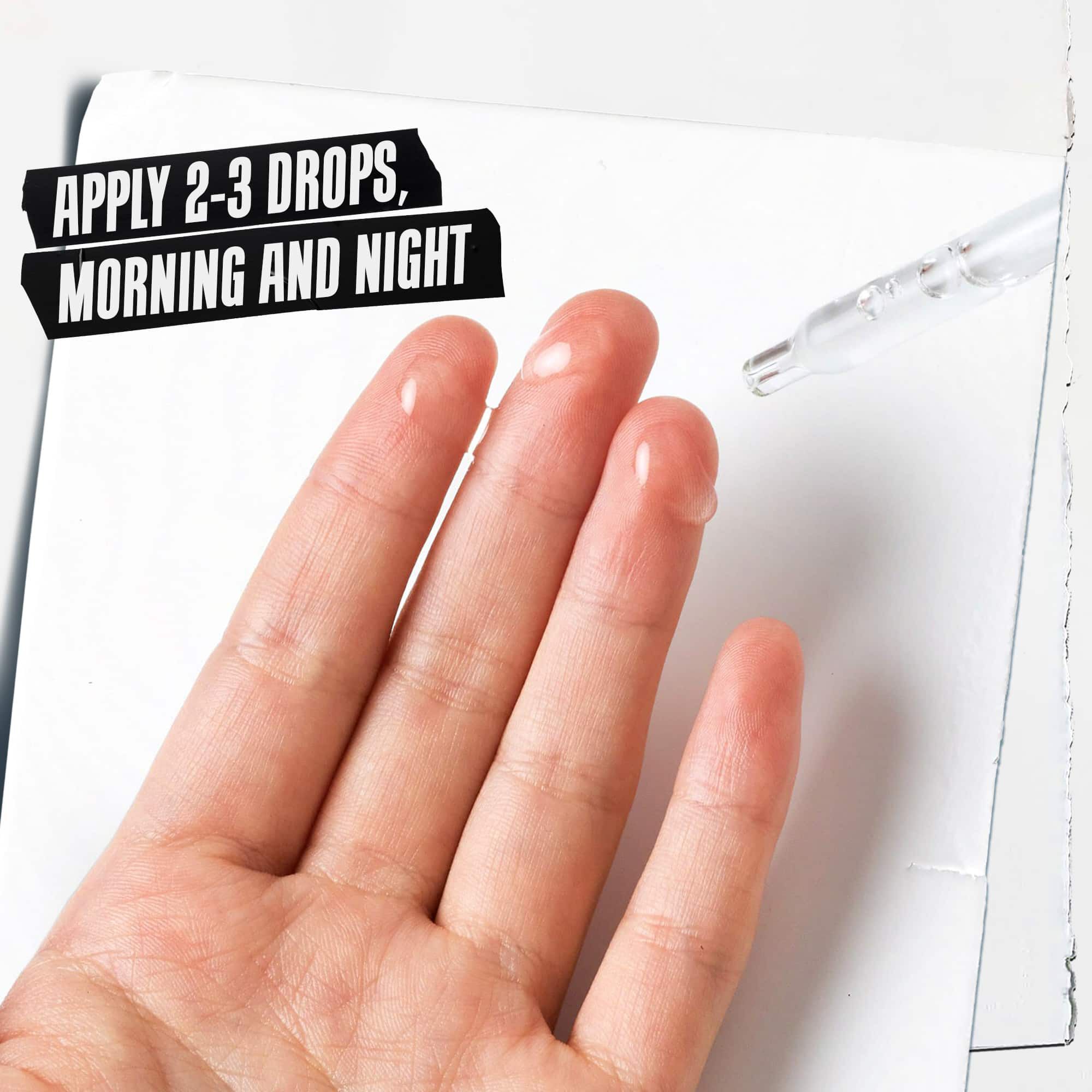 A hand holding Ultra Pure 9.8% Glycolic Acid Serum with text reading "Apply 2-3 drops, morning and night."