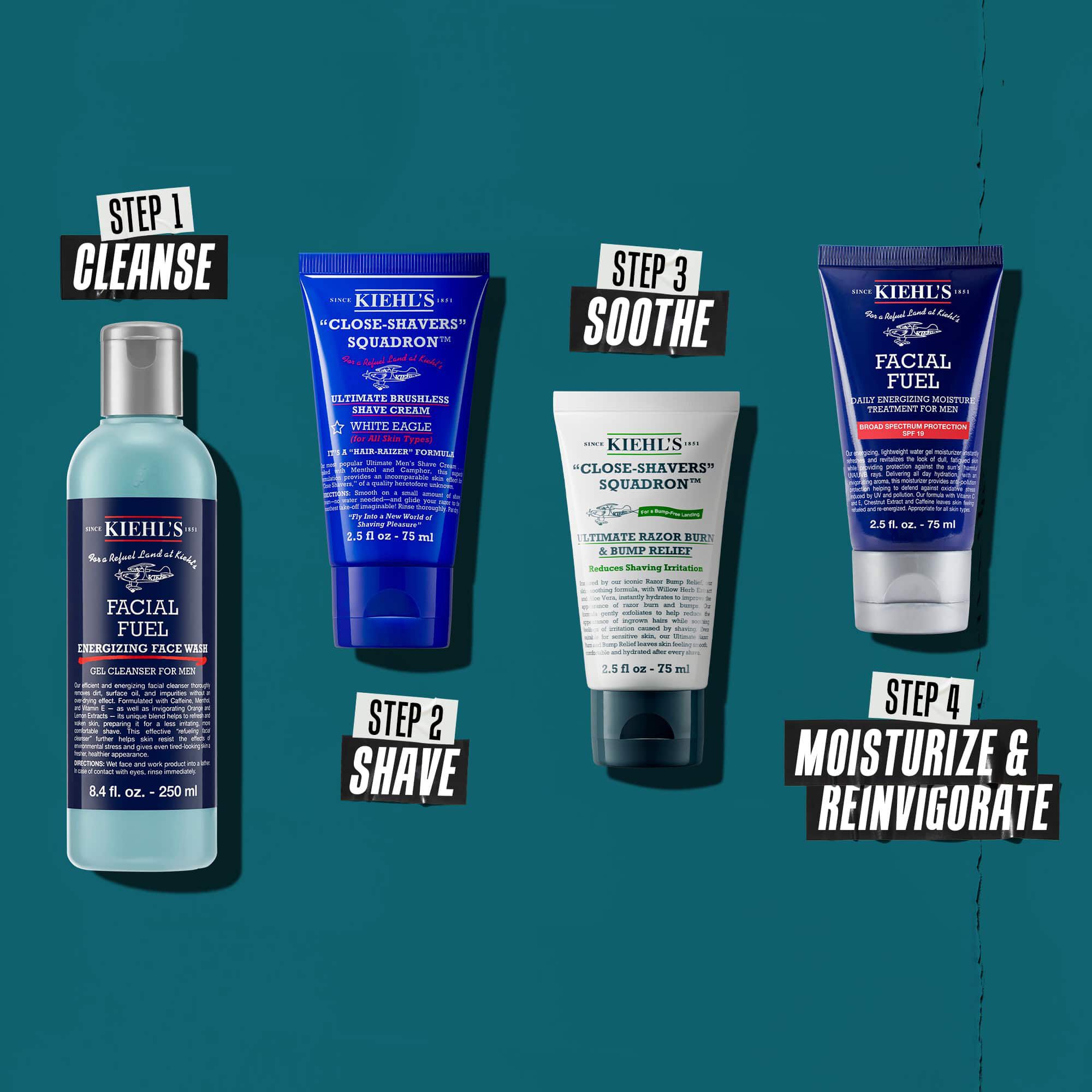Four Kiehl’s products for a men’s skincare routine: Cleanse, Shave, Soothe, and Moisturize/Reinvigorate