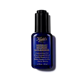 A 30ml bottle of Kiehl's Midnight Recovery Concentrate face oil against a white background.