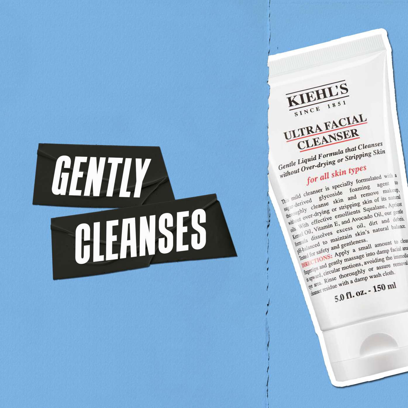 Kiehl's Ultra Facial Cleanser tube on a blue background with bold text stating "Gently Cleanses," highlighting its gentle formula for all skin types.