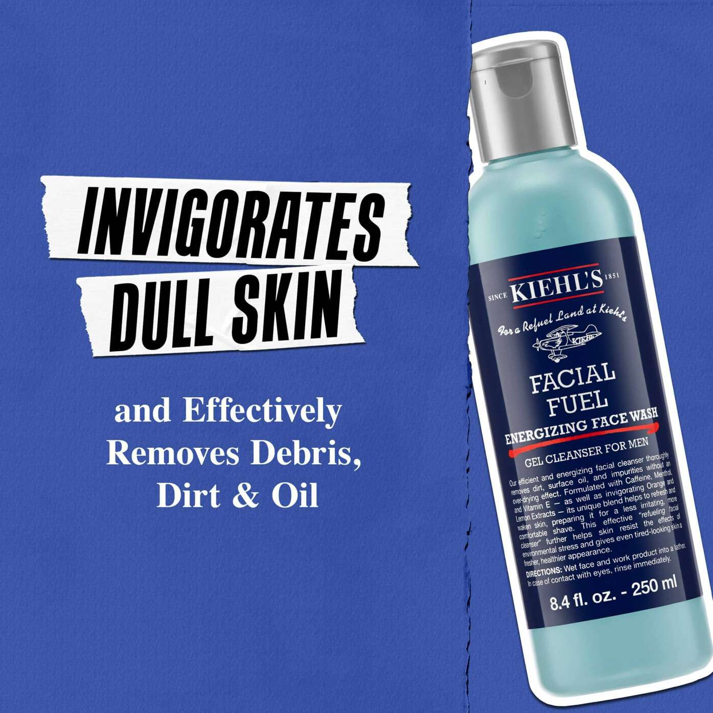 Blue backdrop featuring Kiehl's Facial Fuel Energizing Face Wash bottle with text highlighting its benefits for dull skin.