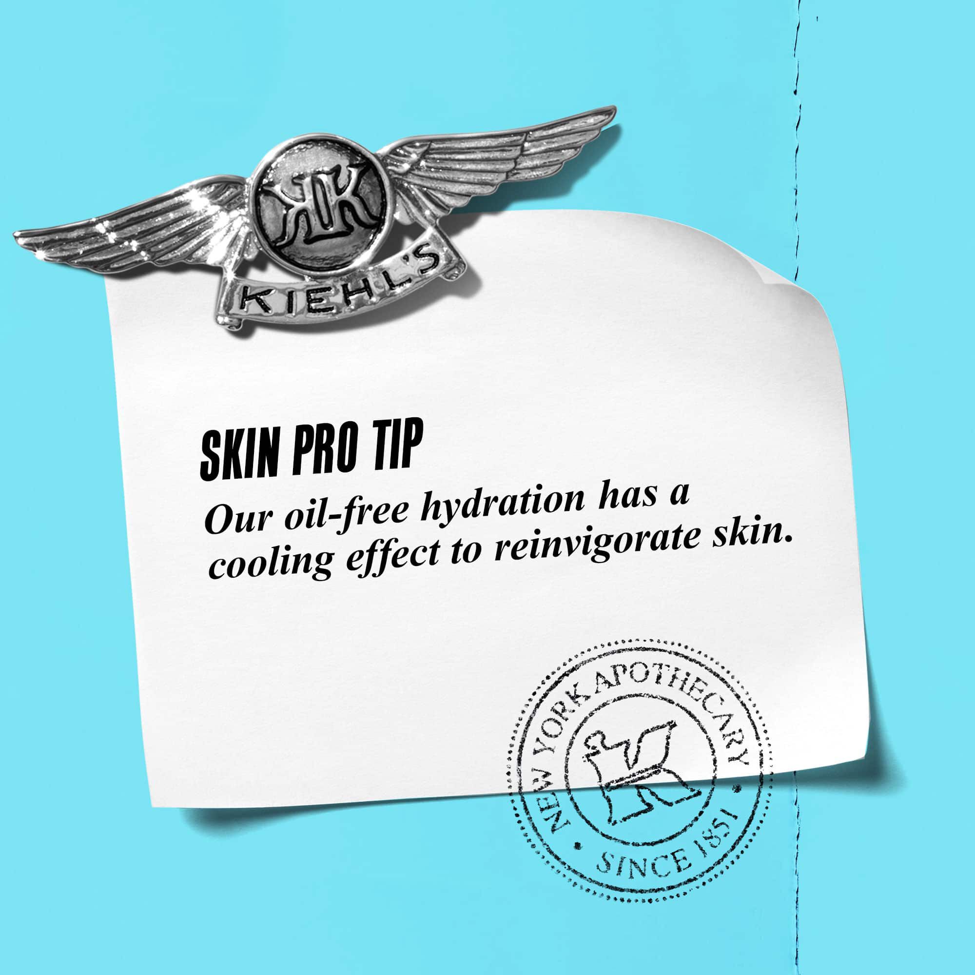 A graphic with text reading "Skin Pro Tip: Our oil-free hydration has a cooling effect to reinvigorate skin."