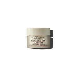 A graphic featuring a frosted jar with a light-colored lid, labeled "Kiehl's BUTTERMASK FOR LIPS".