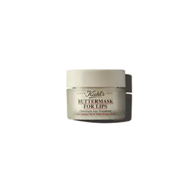A graphic featuring a frosted jar with a light-colored lid, labeled "Kiehl's BUTTERMASK FOR LIPS".