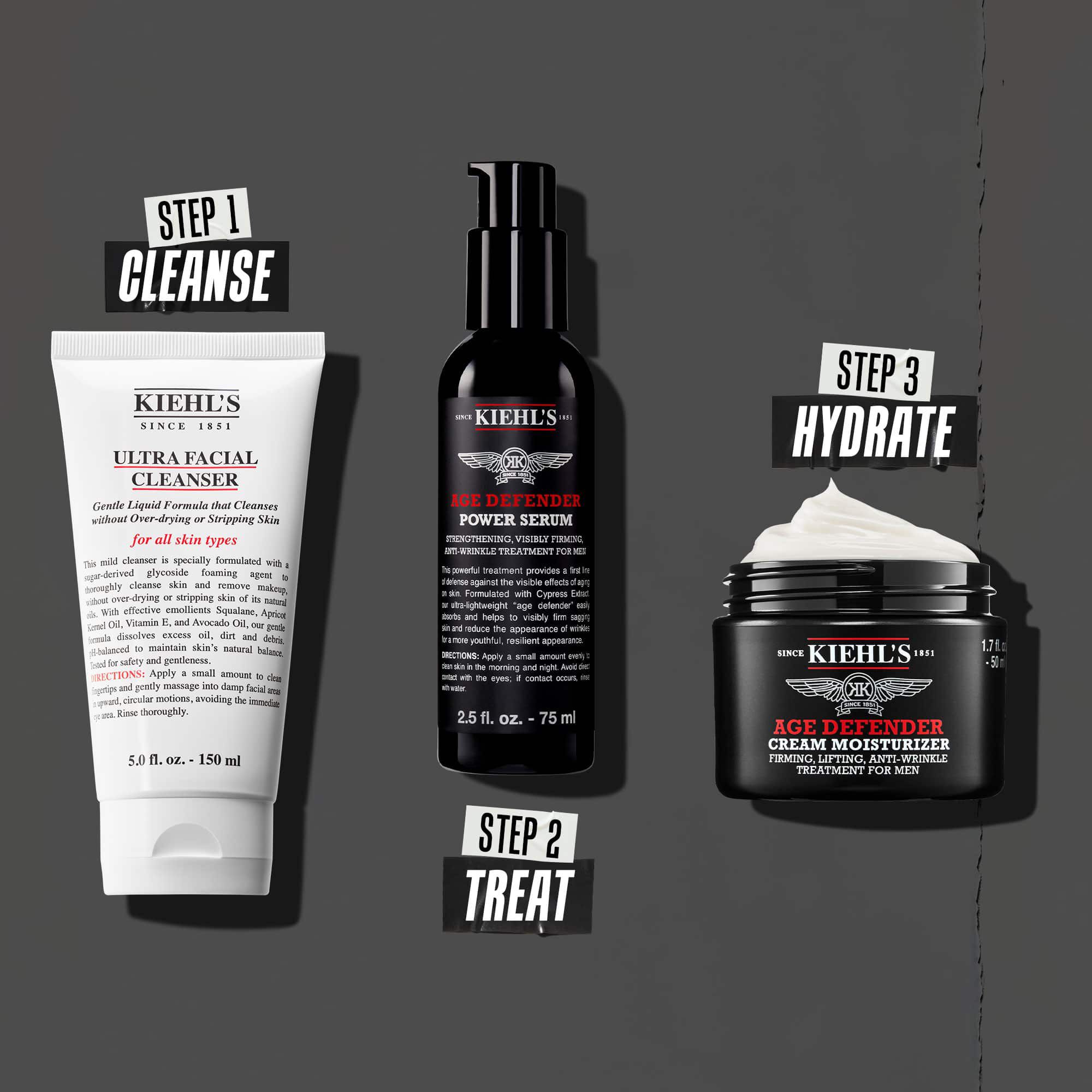 Three-step Age Defender routine: Step 1: Treat Eye. Step 2: Hydrate Serum. Step 3: Restore Cream.