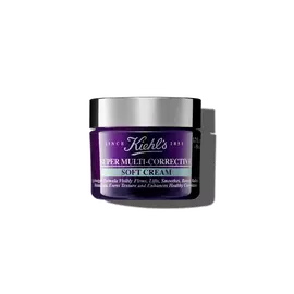 A graphic featuring a purple jar of Kiehl's Super Multi-Corrective Soft Cream with a silver lid and a label with white text that reads “50 ml".