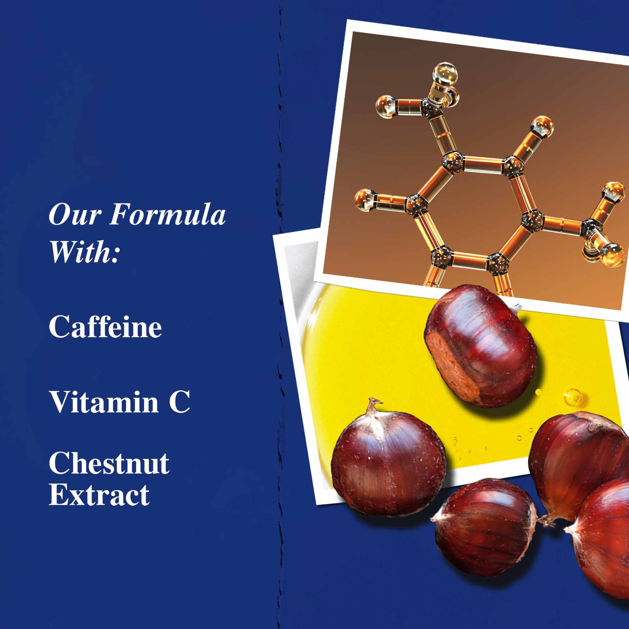 Key ingredients graphic highlighting Caffeine, Vitamin C, and Chestnut Extract.