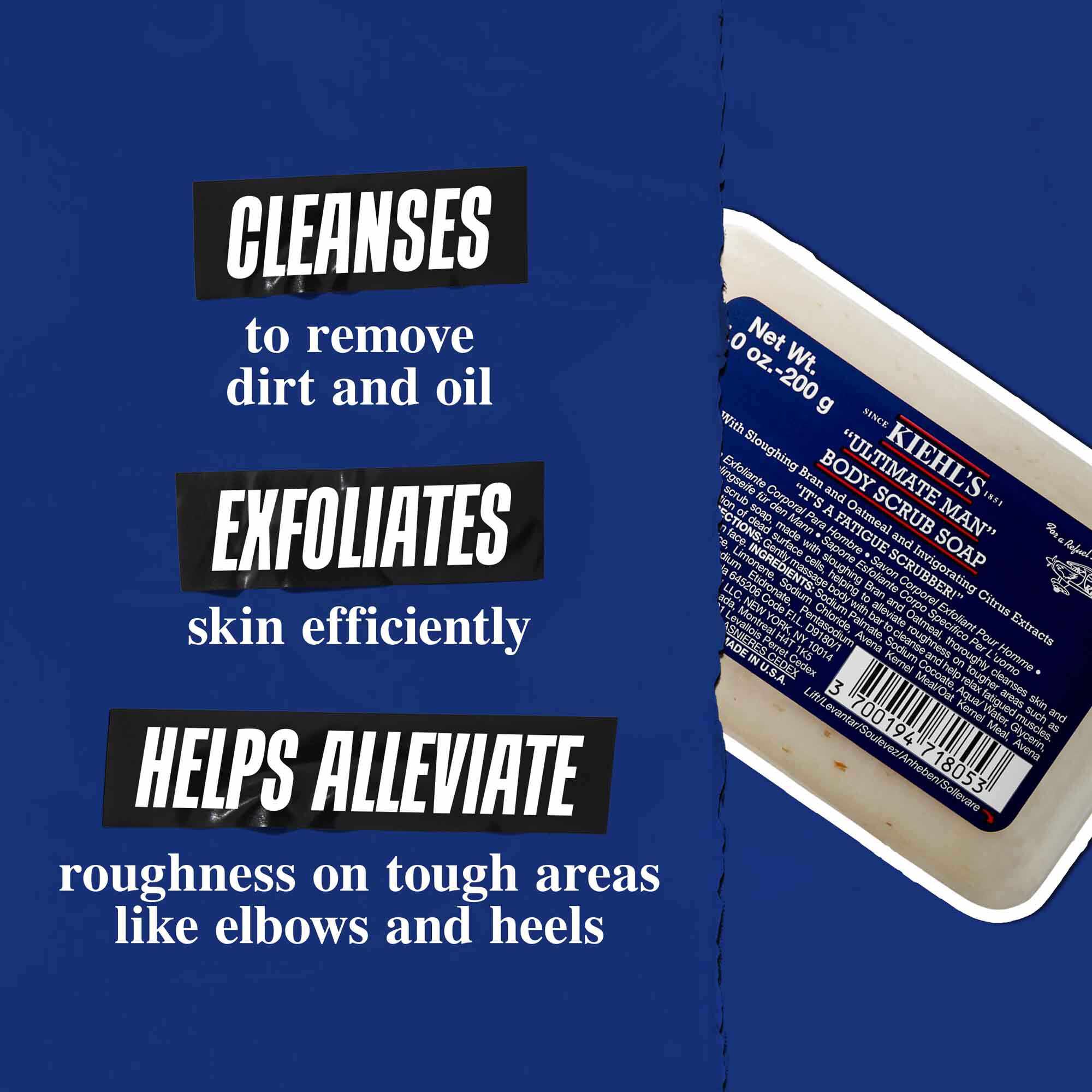 Ultimate Man Body Scrub Soap against a dark blue background with text reading: "Cleanses to remove dirt and oil Exfoliates skin efficiently and helps alleviate roughness on tough areas like elbows and heels."