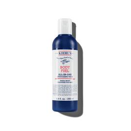 A bottle of Kiehl's Body Fuel All-In-One Energizing Wash against a white background.