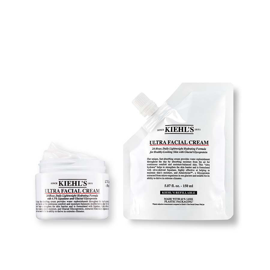 Kiehl's Ultra Facial Cream open jar next to its 150ml refill pouch.