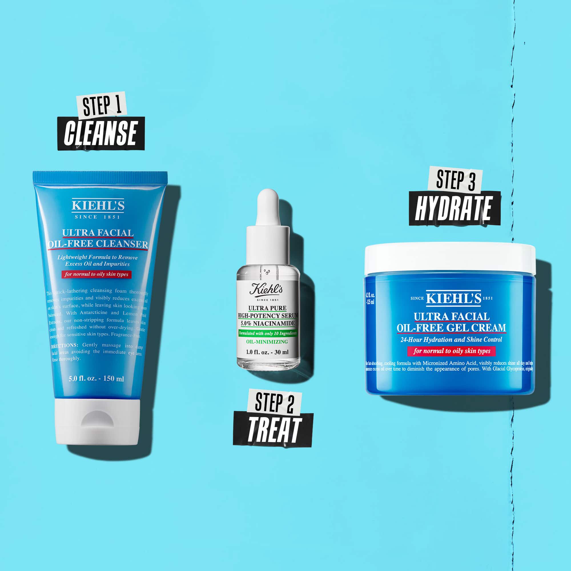 A three-step routine featuring Kiehl's products. Step 1: Ultra Facial Oil-Free Cleanser. Step 2: Niacinamide Serum. Step 3: Ultra Facial Oil-Free Gel Cream.