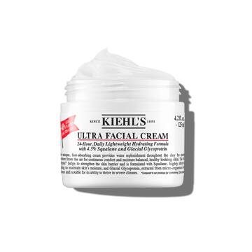 Open jar of Kiehl’s Ultra Facial Cream with 4.5% Squalane and Glacial Glycoprotein, highlighting its 24-hour lightweight hydrating formula