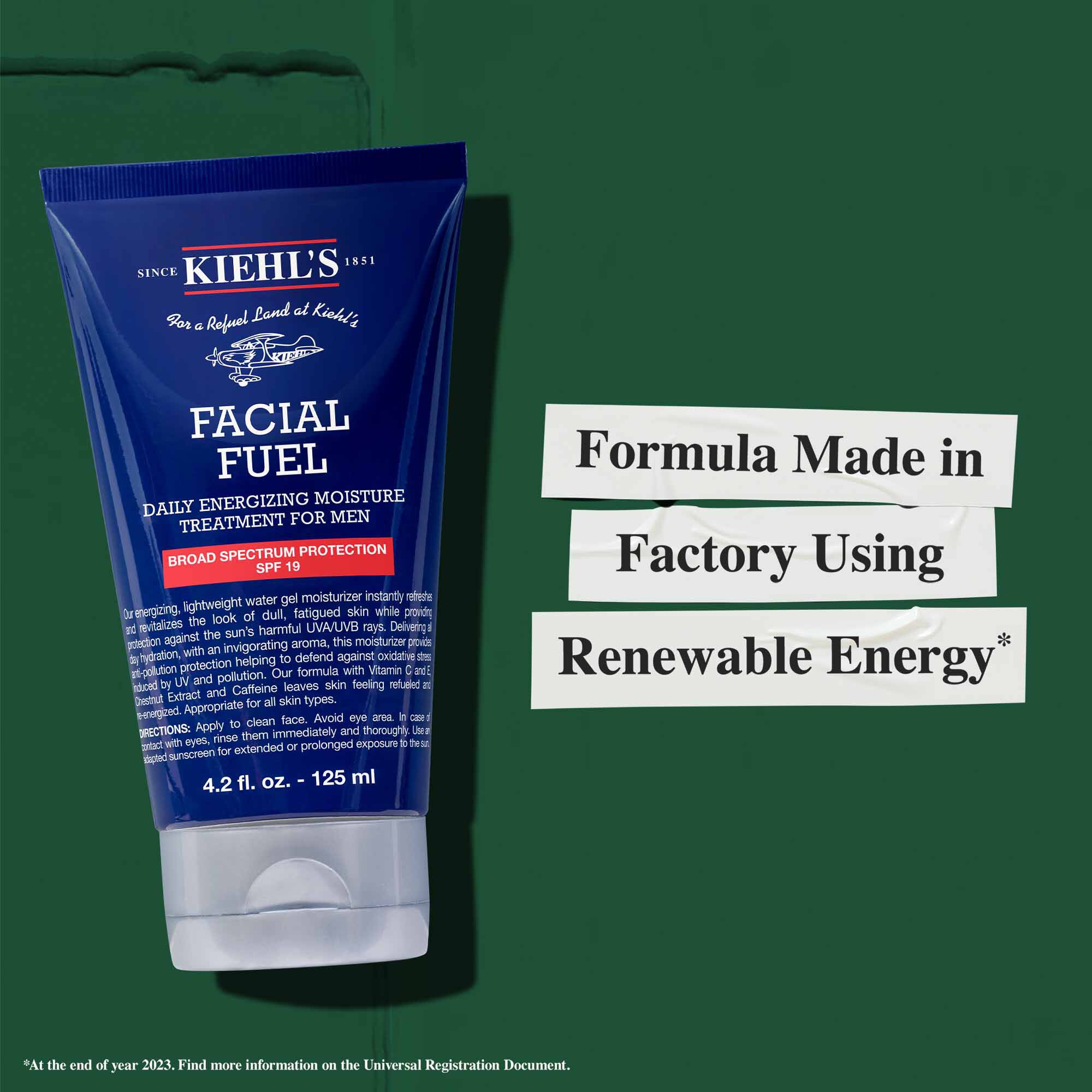A tube of Facial Fuel Moisturizer SPF 19; Formula Made in Factory Using Renewable Energy.