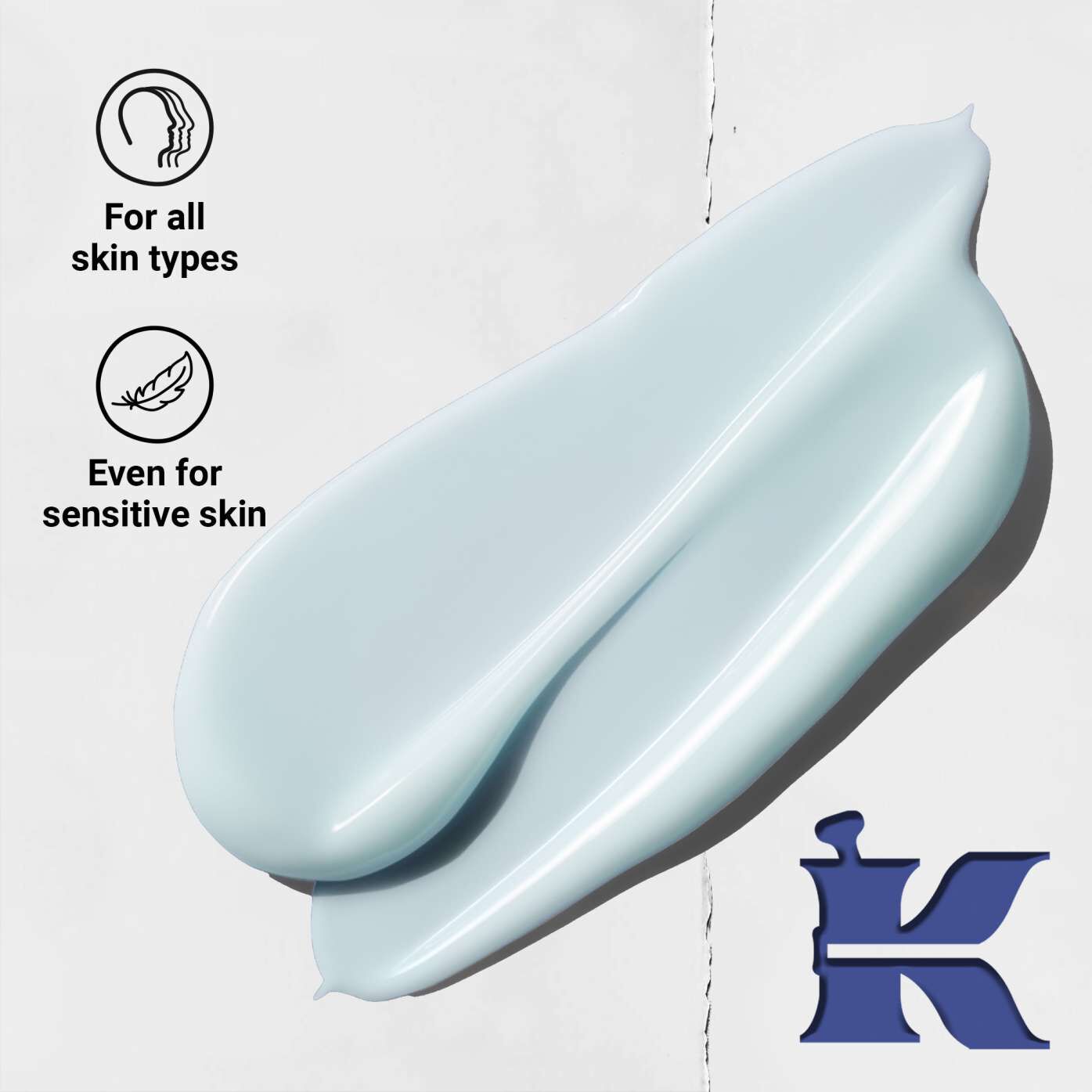Light blue cream smear on white background with text "For all skin types" and "Even for sensitive skin." Icon of face and feather, blue "K" logo.