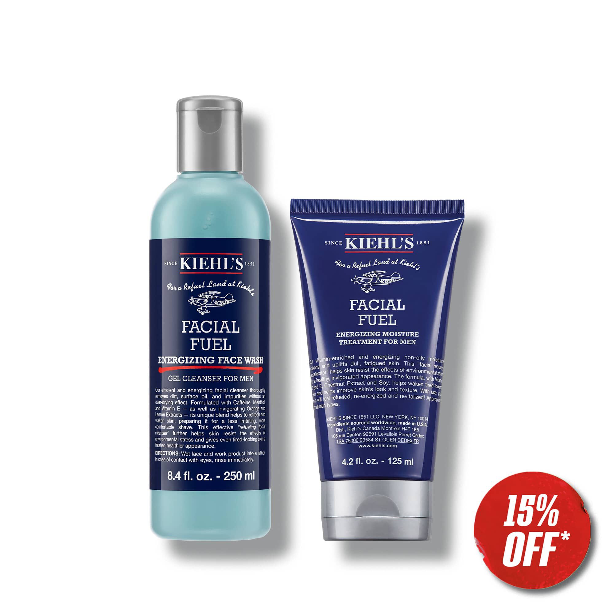 Two Kiehl's Facial Fuel products: an energizing face wash and a moisture treatment for men, with a "15% OFF" promotion displayed. Discount applies at cart.