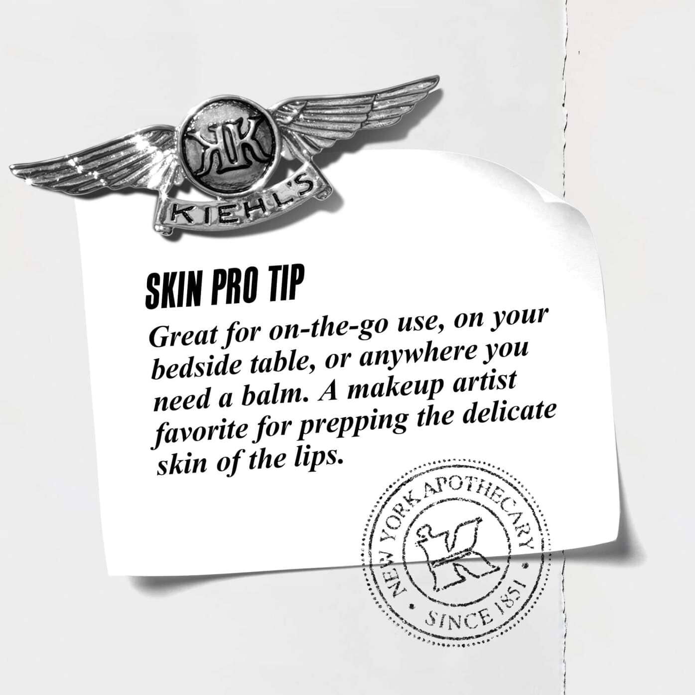 A graphic with text reading "Skin Pro Tip: Great for on-the-go use, on your bedside table, or anywhere you need a balm. A makeup artist favorite for prepping the delicate skin of the lips."