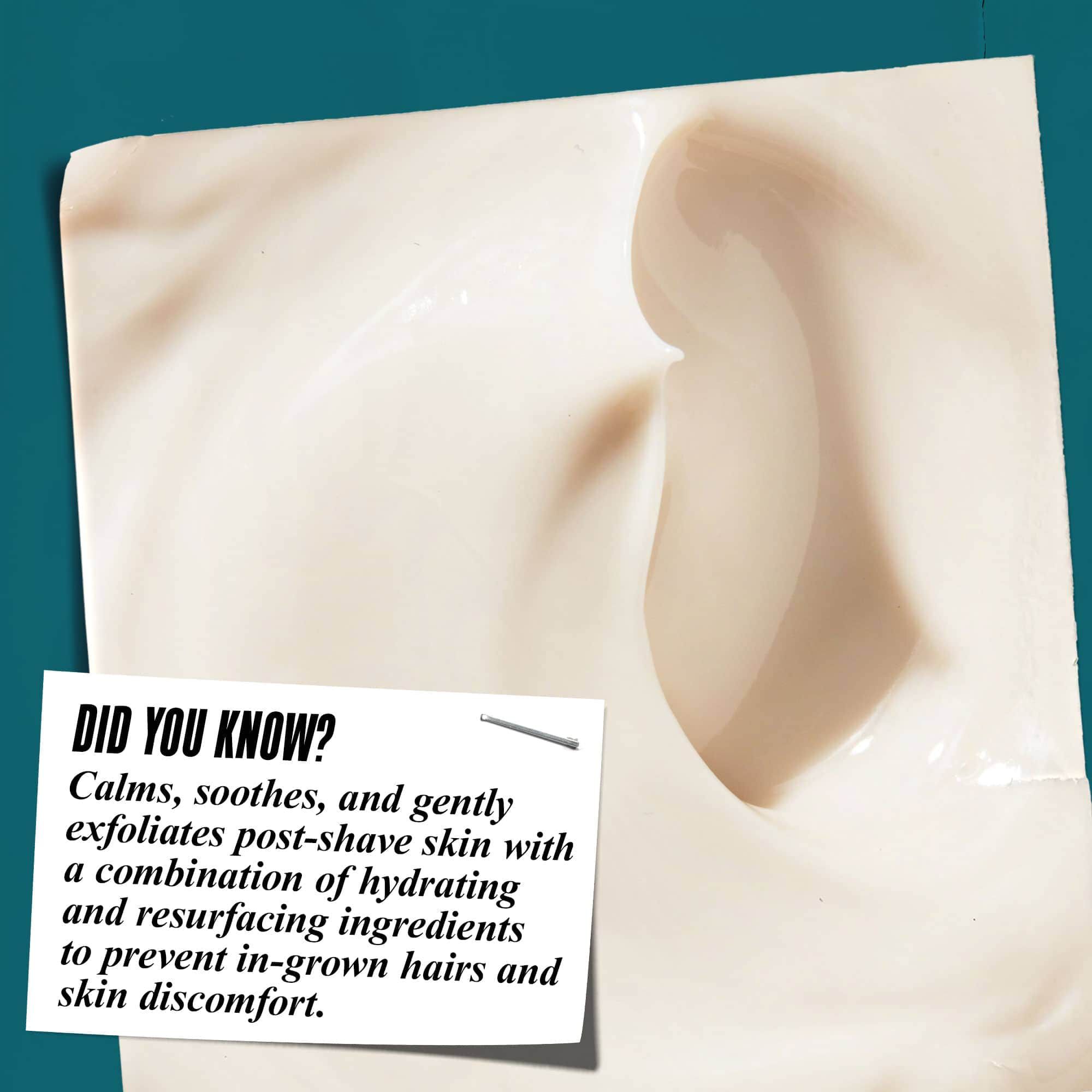 Close-up of Close Shavers Squadron Smooth Glider Precision Shave Lotion texture. Text reads "Did You Know? Calms, soothes, and gently exfoliates post-shave skin with hydrating and skin-rejuvenating ingredients to reduce razor bumps and skin discomfort."