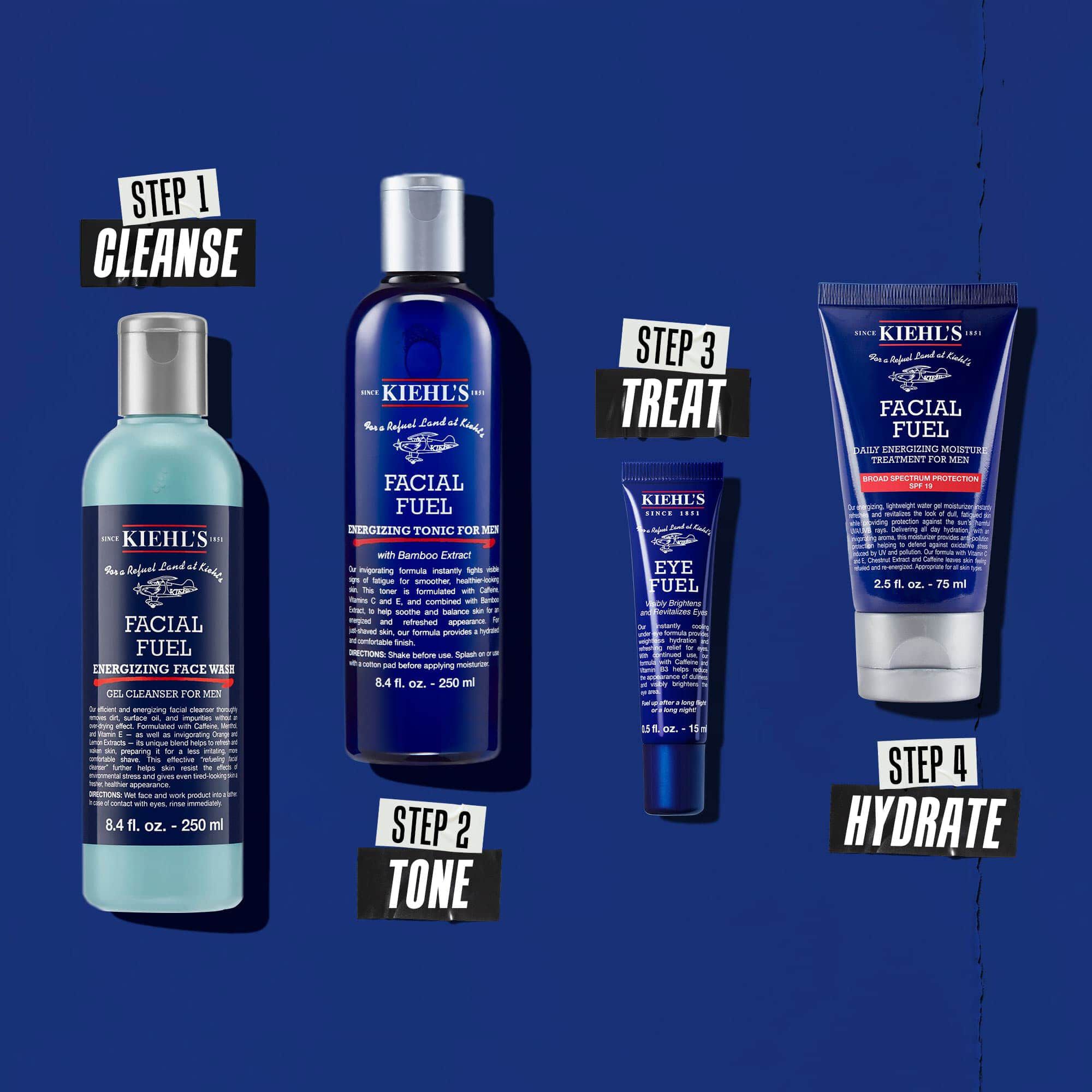 A four-step routine featuring Kiehl’s products: Step 1: Facial Wash. Step 2: Facial Toner. Step 3: Facial Fuel Eye. Step 4: Facial Fuel Moisturizer.