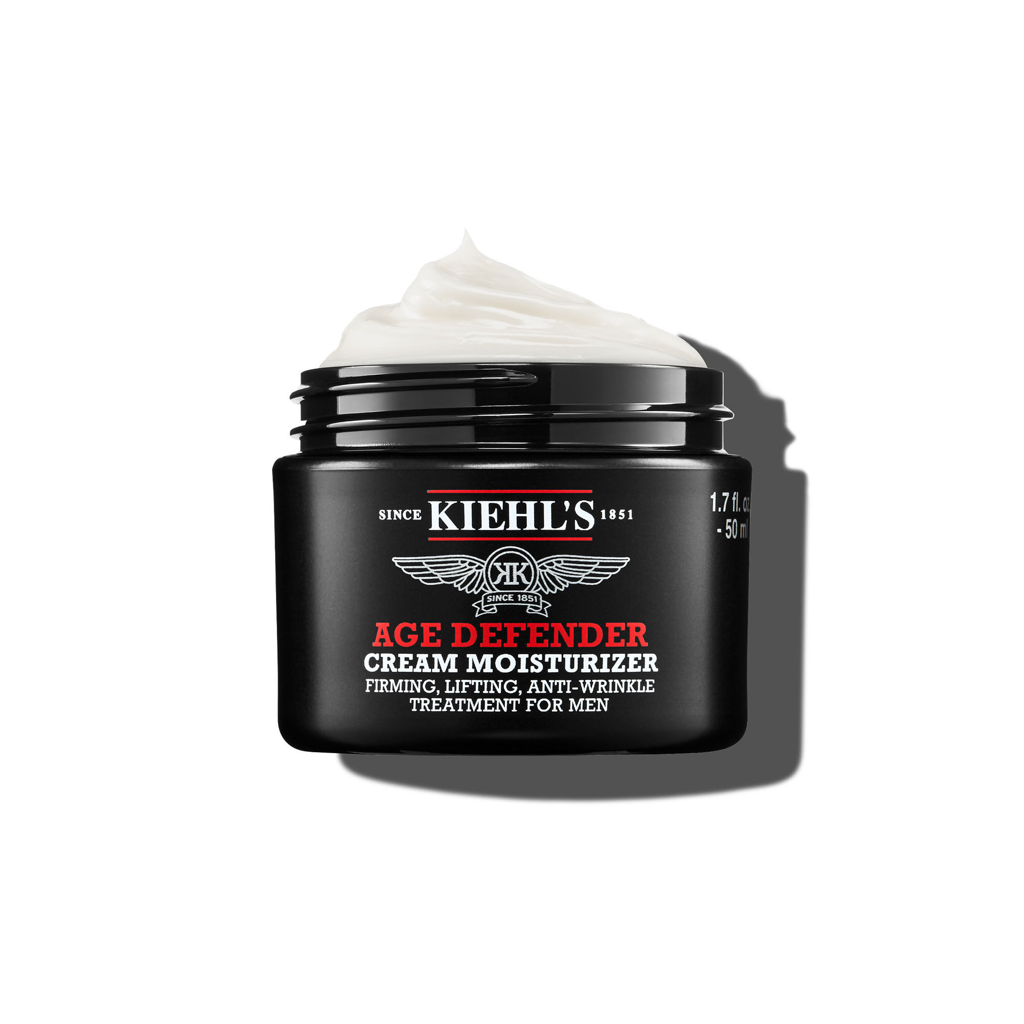 A 50ml jar of Kiehl's Age Defender Cream Moisturizer with whipped texture against a white background.