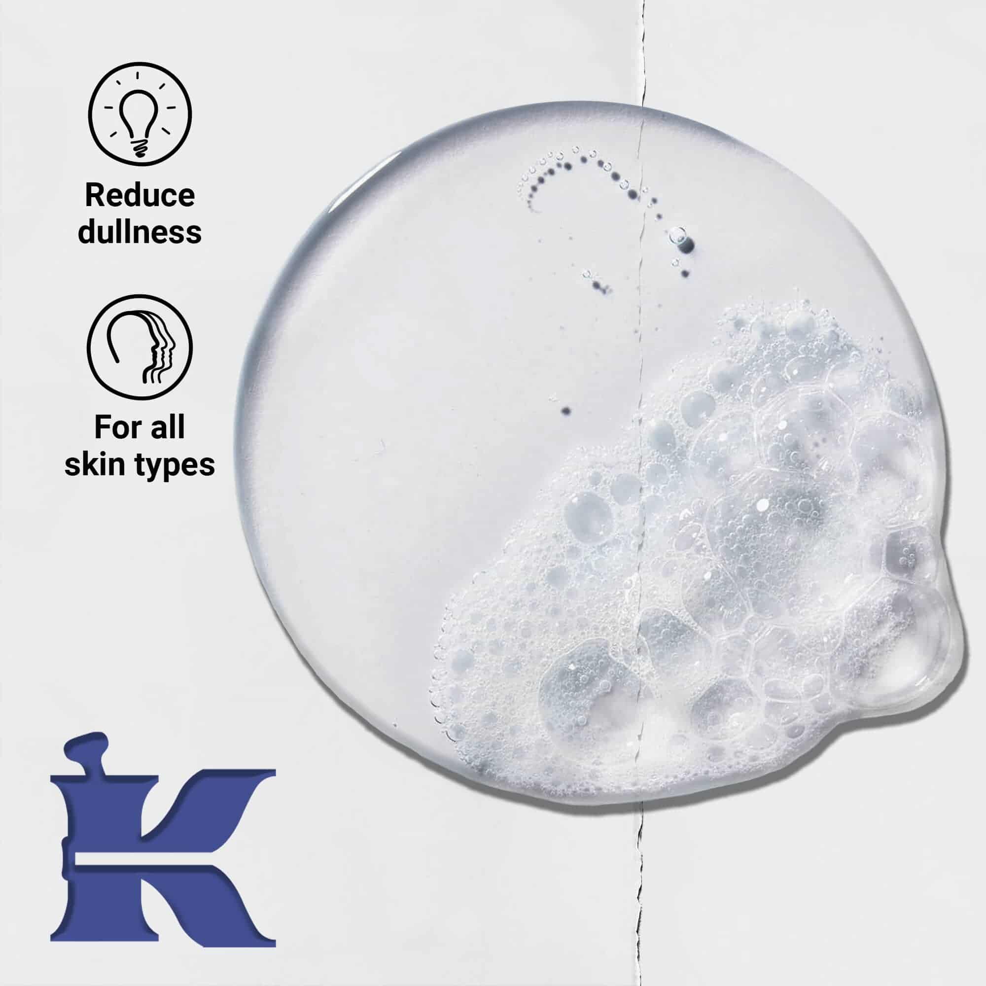 Facial Fuel texture photo with icons stating it reduces dullness and is for all skin types
