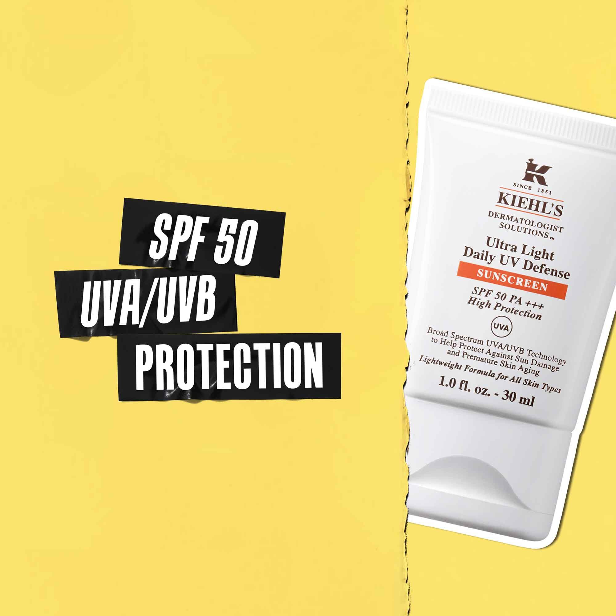 Callout SPF 50 UVA/UVB Protection in black tape with a picture of the Ultra-Light Daily UV Defense Tube next to it.