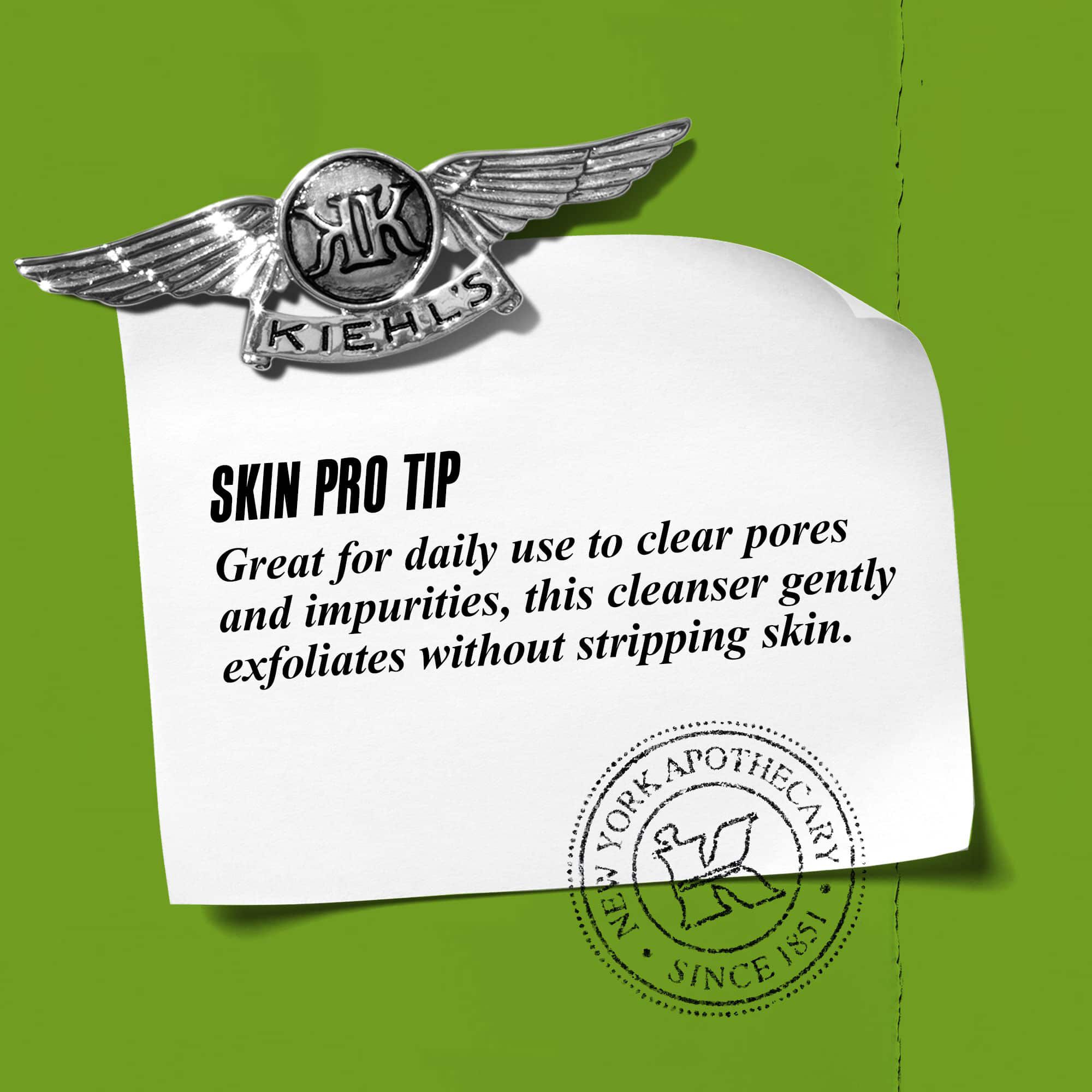 Graphic with text reading: "Skin Pro Tip: Great for daily use to clear pores and impurities, this cleanser gently exfoliates without stripping the skin."