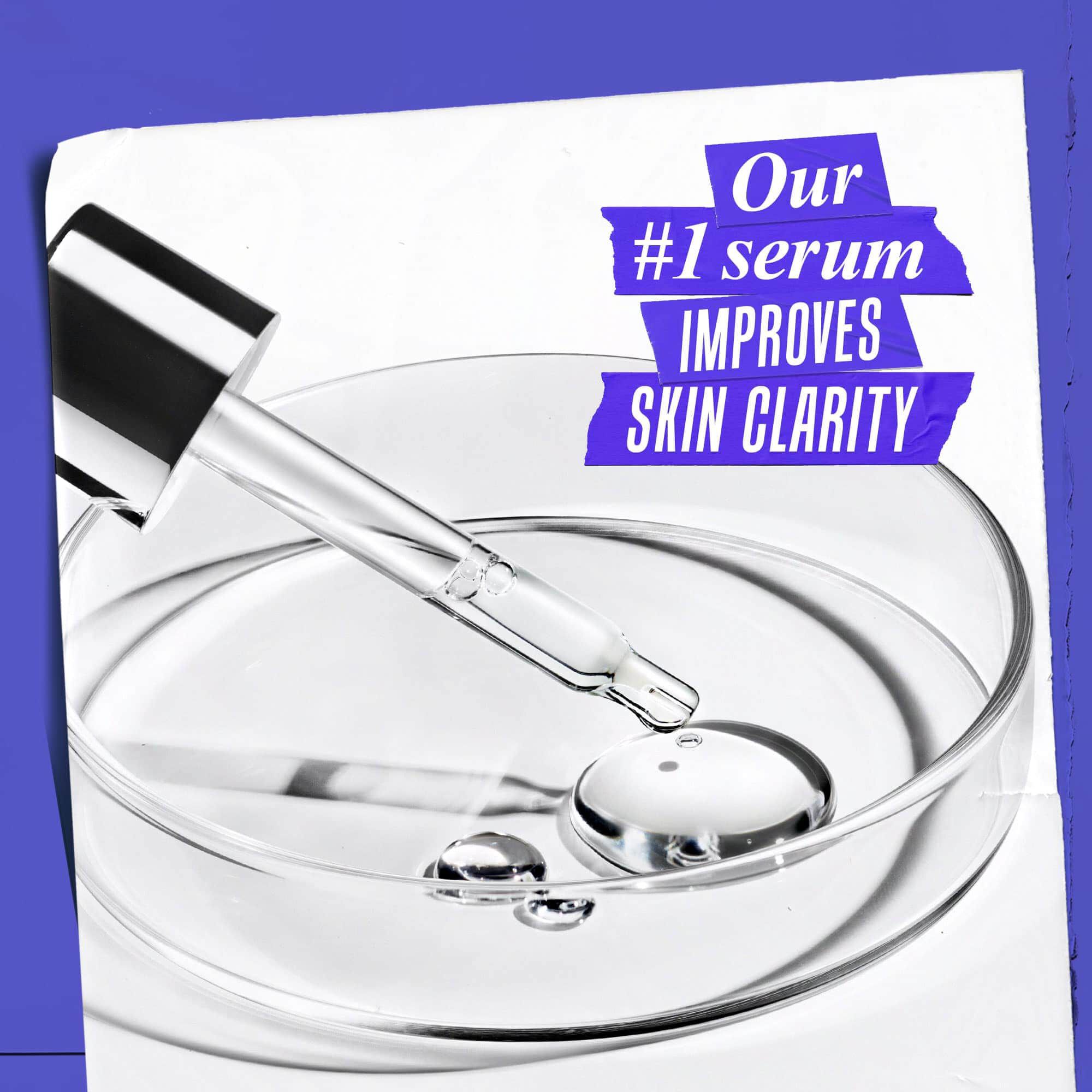 Dropper dispensing serum into a glass dish with text: Our #1 Serum Improves Skin Clarity.