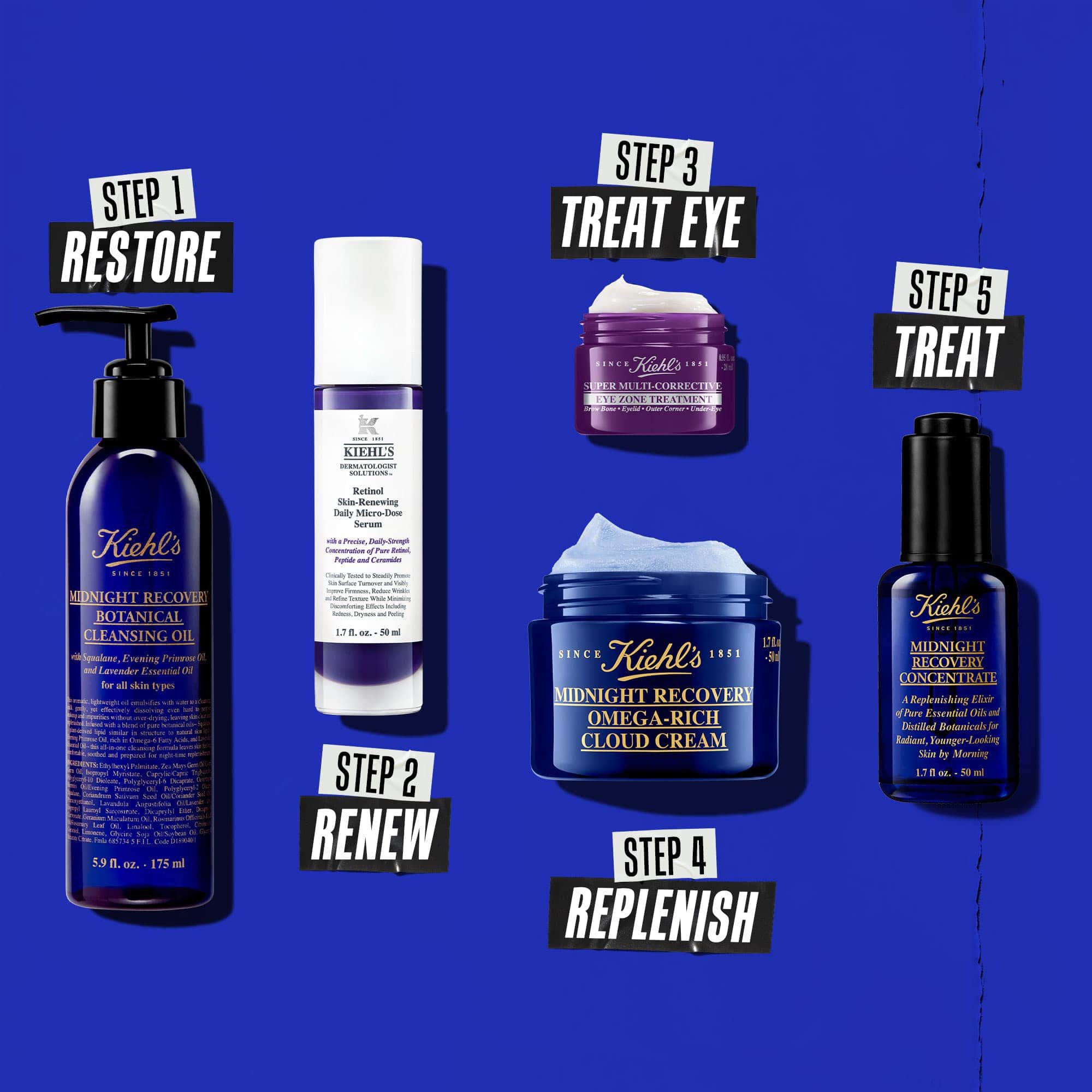 A five-step nighttime routine featuring Kiehl's products. From left to right: cleanser, retinol serum, eye cream, moisturizer, and Midnight Recovery Concentrate.
