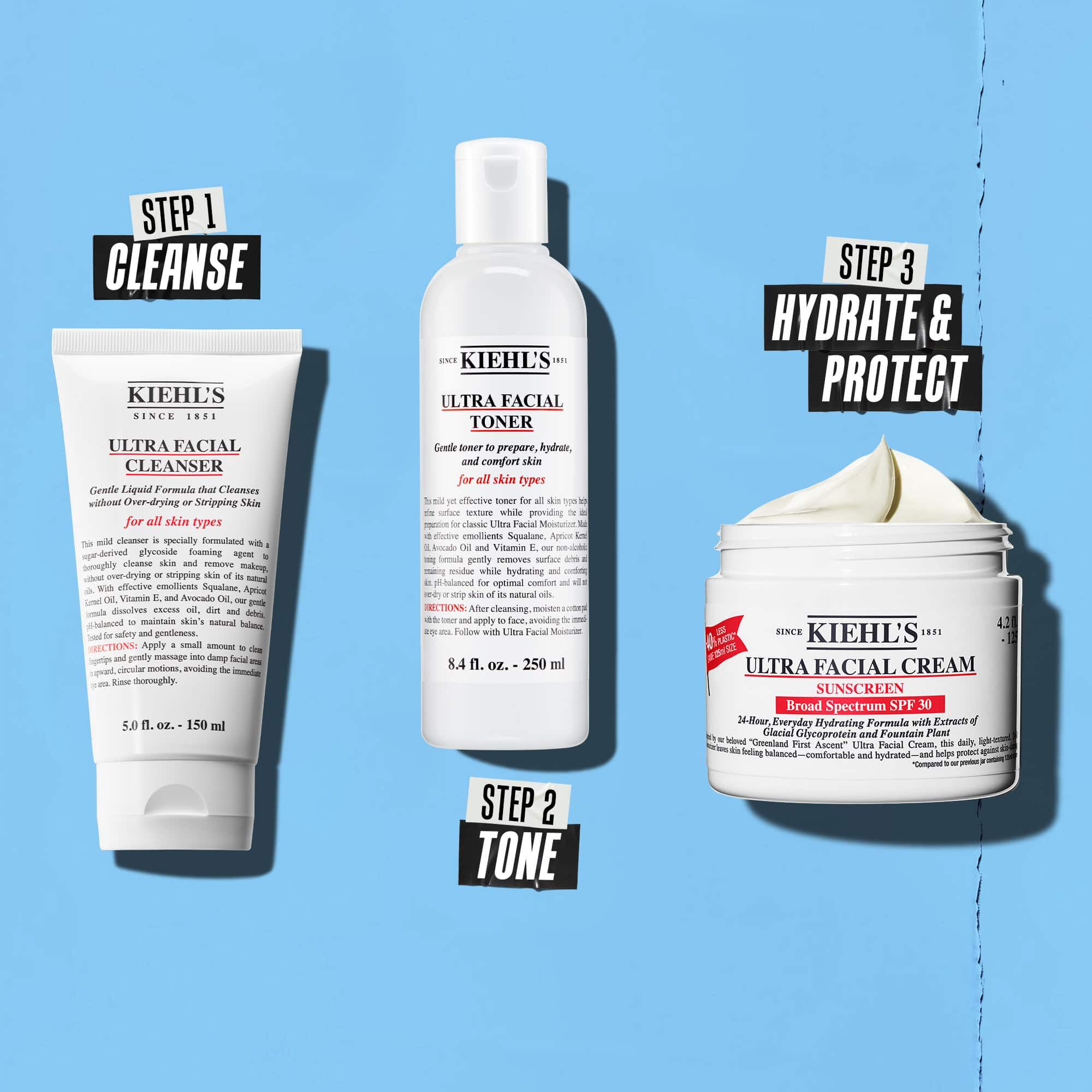 A three-step routine featuring Kiehl's products. Step 1: Ultra Facial Cleanser. Step 2: Ultra Facial Toner. Step 3: Ultra Facial Cream SPF 30.