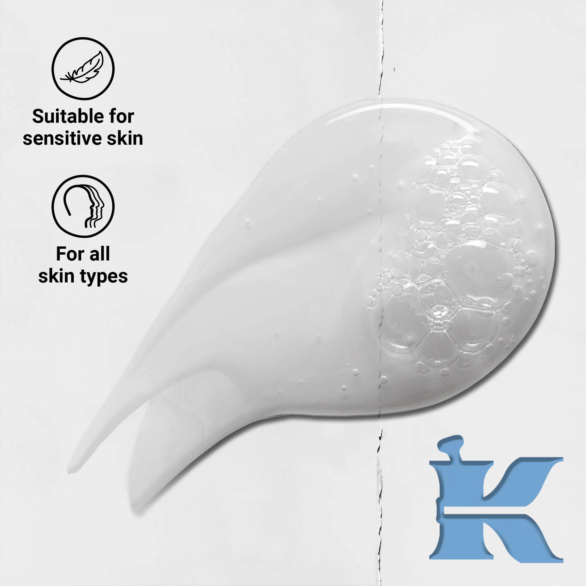 Clear gel with bubbles, labeled "suitable for sensitive skin" and "for all skin types" against a white background.