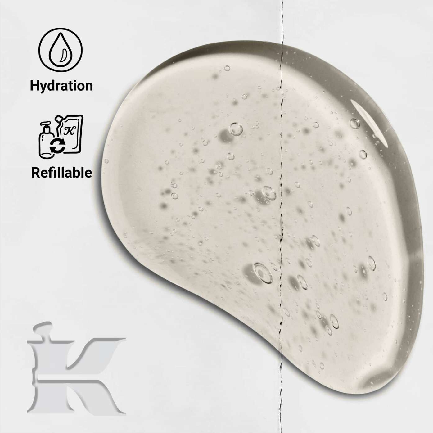 Clear gel blob with air bubbles on a white background. Icons and text on the left indicate "Hydration" and "Refillable," suggesting a skincare product.
