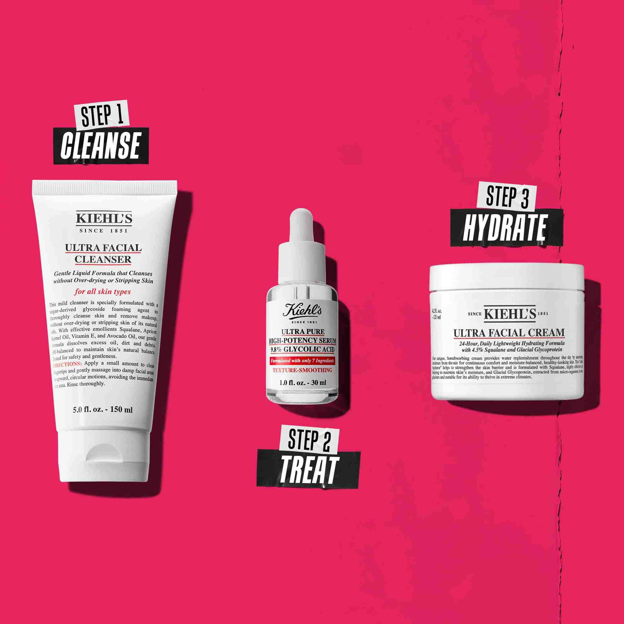 A three-step routine featuring Kiehl's products. Step 1: Ultra Facial Cleanser. Step 2: Glycolic Acid Serum. Step 3: Ultra Facial Cream.