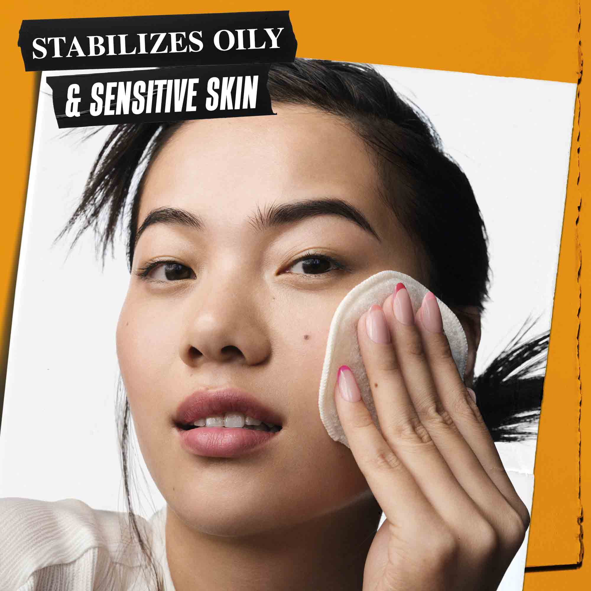 A person applying the Calendula Herbal-Extract Toner to their skin. The text emphasizes its ability to stabilize oily and sensitive skin.