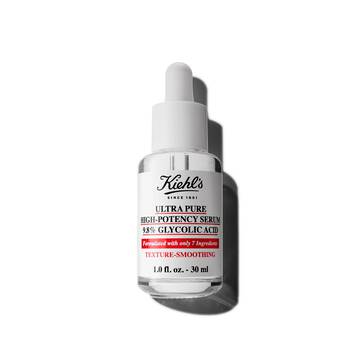 A 30ml bottle of Kiehl's Ultra Pure 9.8% Glycolic Acid Serum against a white background.