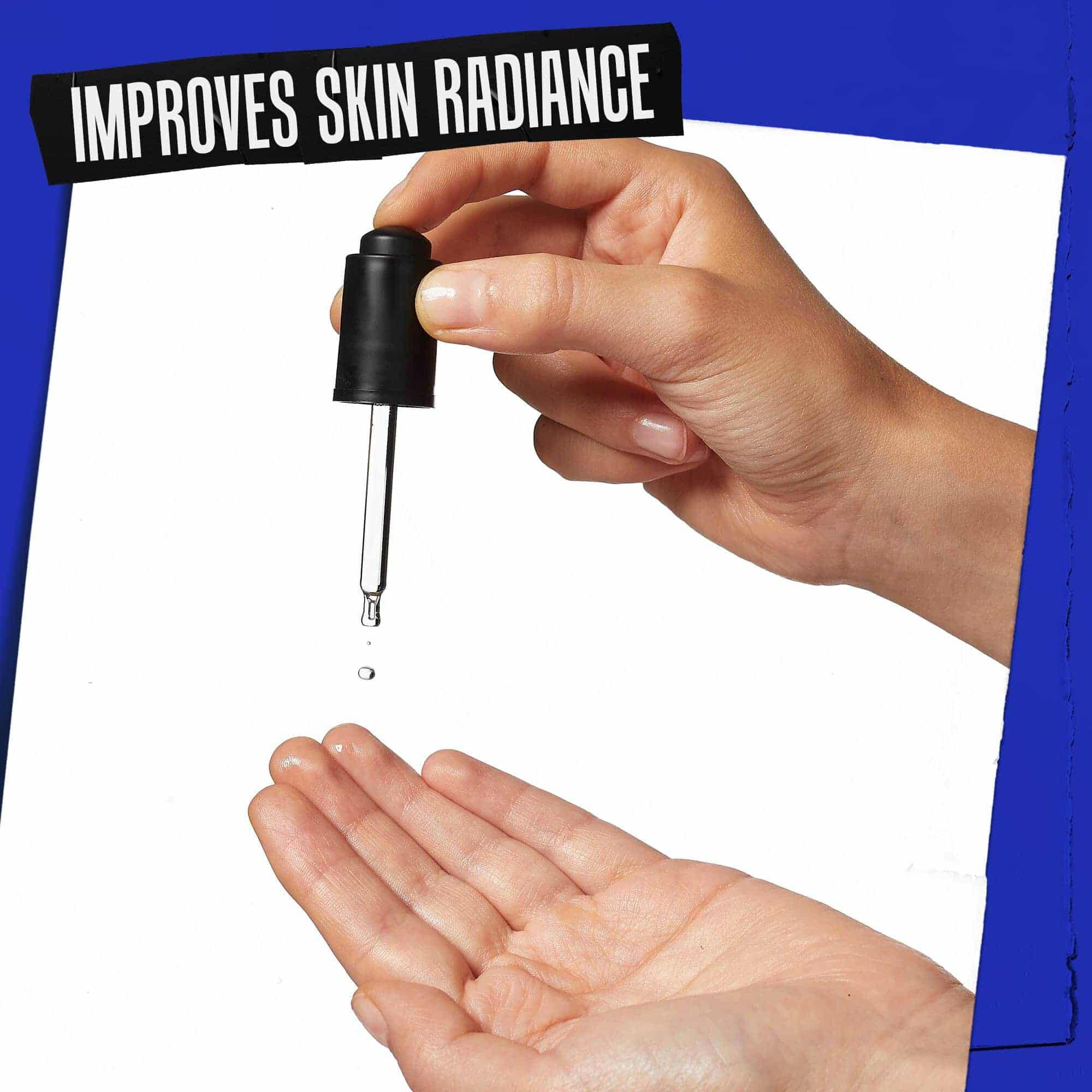 A hand with Midnight Recovery Concentrate being dropped onto it labeled, "Improves Skin Radiance."