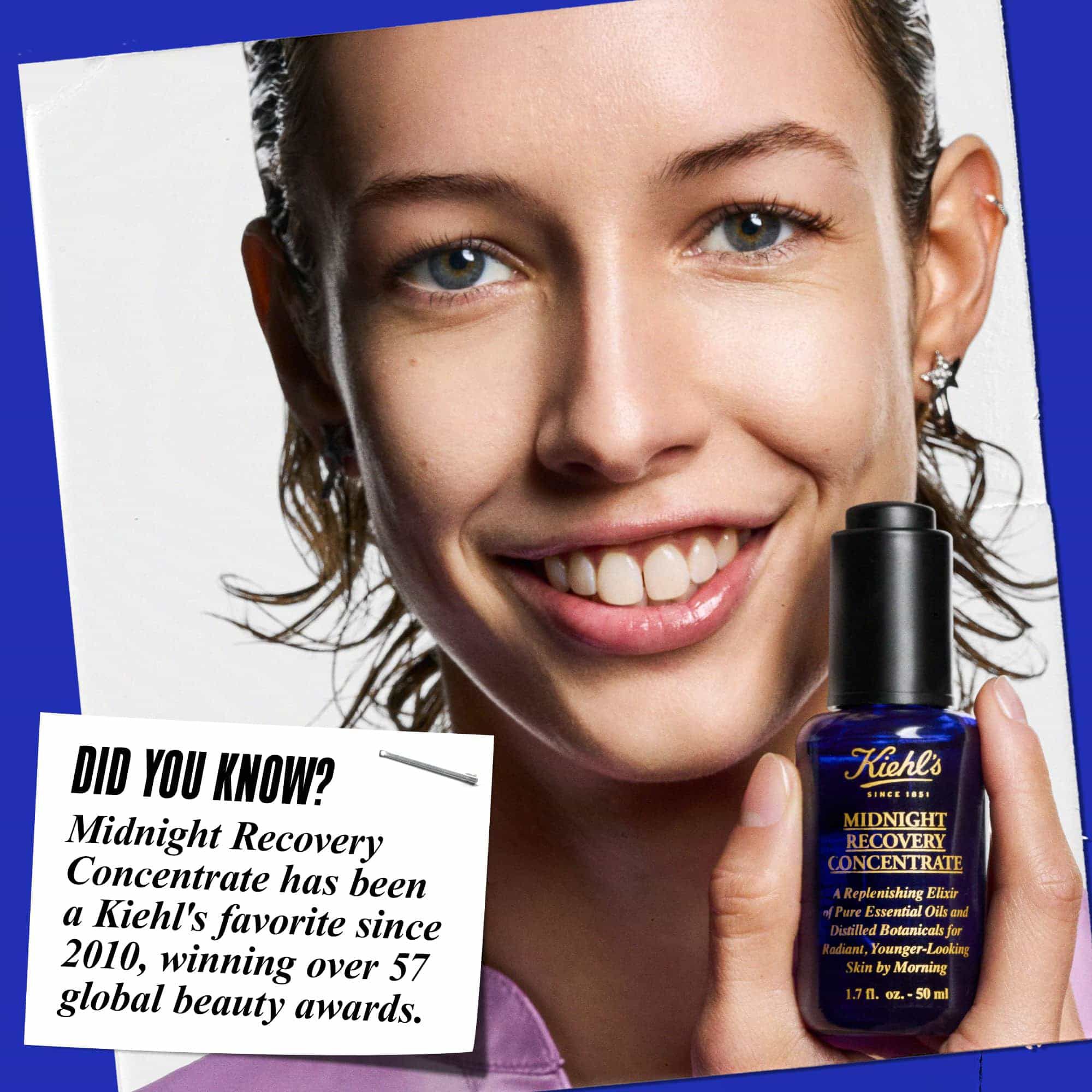 A person holding a bottle of Midnight Recovery Concentrate face oil and smiling. Text reads: "Did You Know? Midnight Recovery Concentrate has been a Kiehl's favorite since 2010, winning over 57 global beauty awards."
