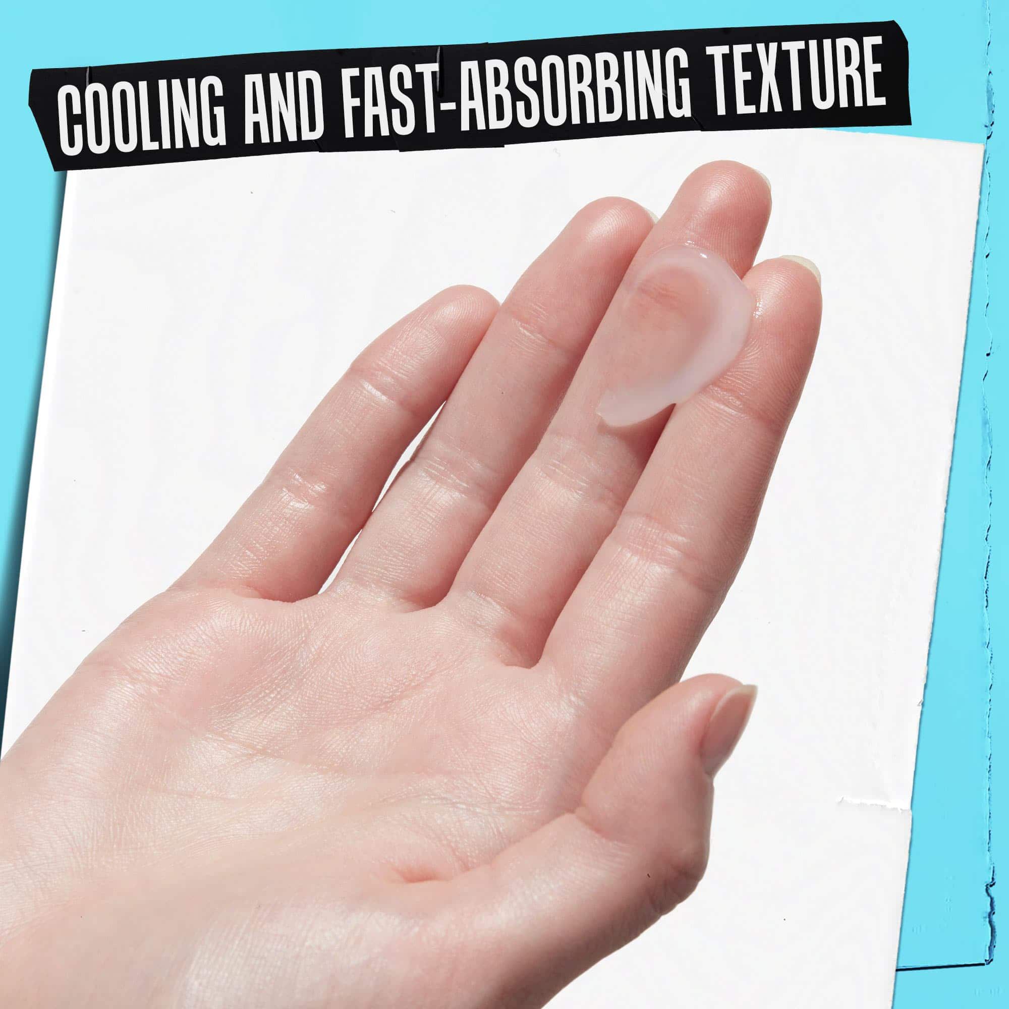 A hand applying Ultra Facial Oil-Free Gel Cream SPF 30 with text highlighting its cooling and fast-absorbing texture.