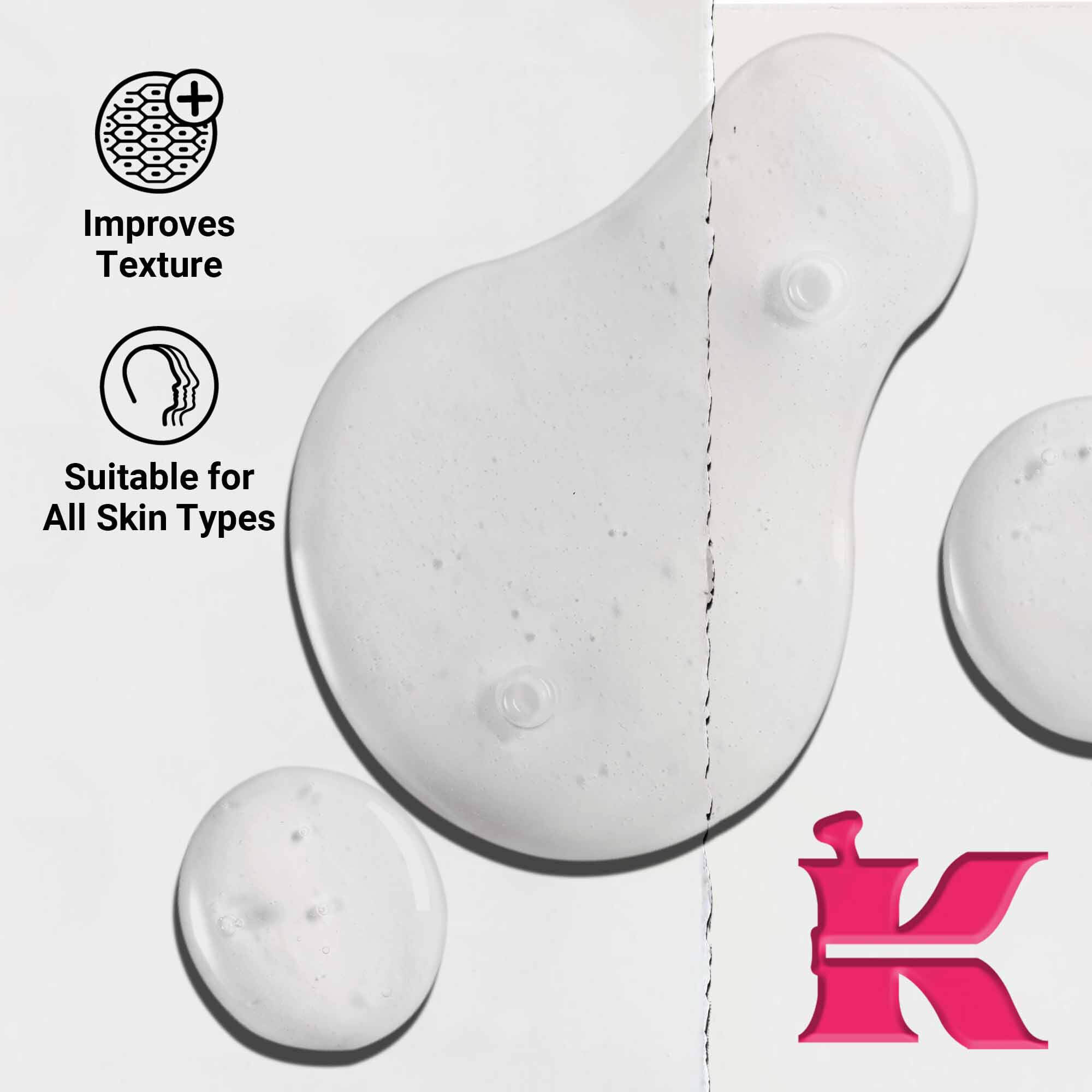A close-up of the Ultra Pure 9.8% Glycolic Acid Serum texture showing clear liquid droplets. Text highlights its ability to improve texture and suitability for all skin types.