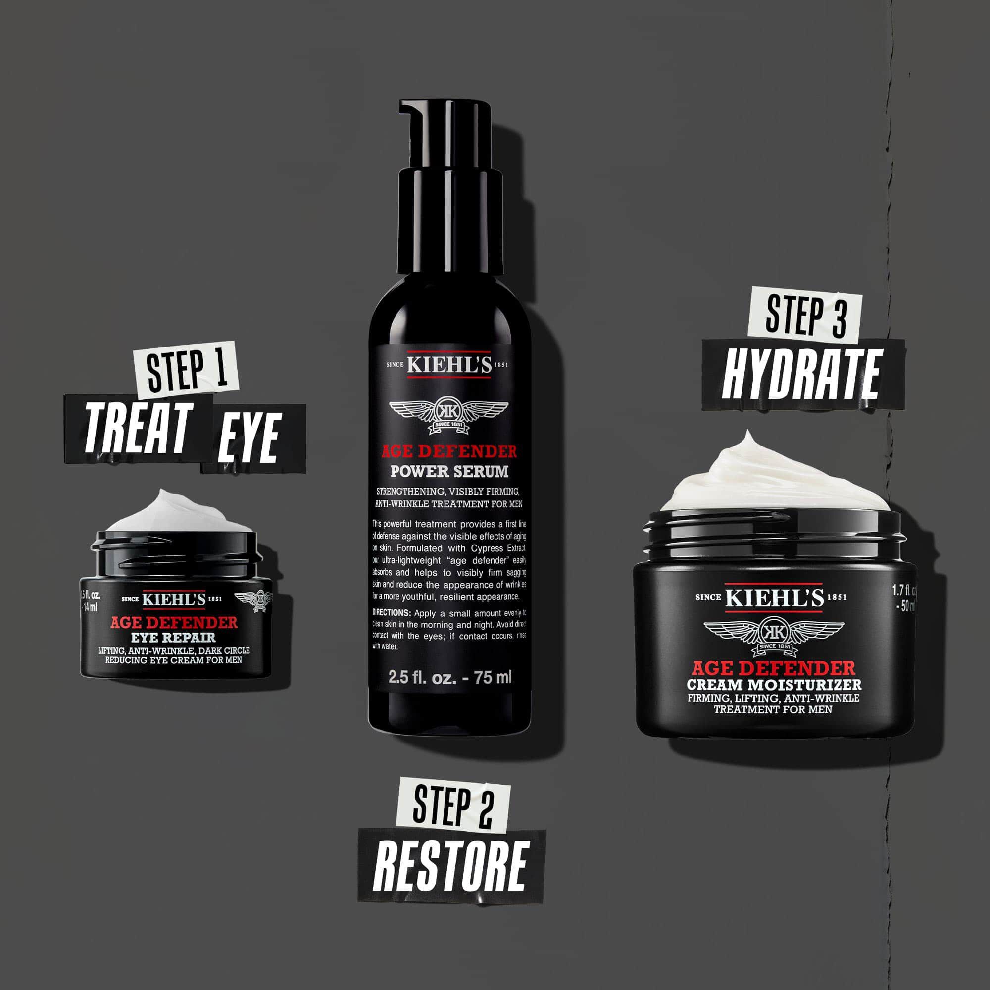 Three-step Kiehl’s Age Defender routine: Step 1 Treat Eye (Eye Repair), Step 2 Restore (Power Serum), and Step 3 Hydrate (Cream Moisturizer) on a dark gray background.
