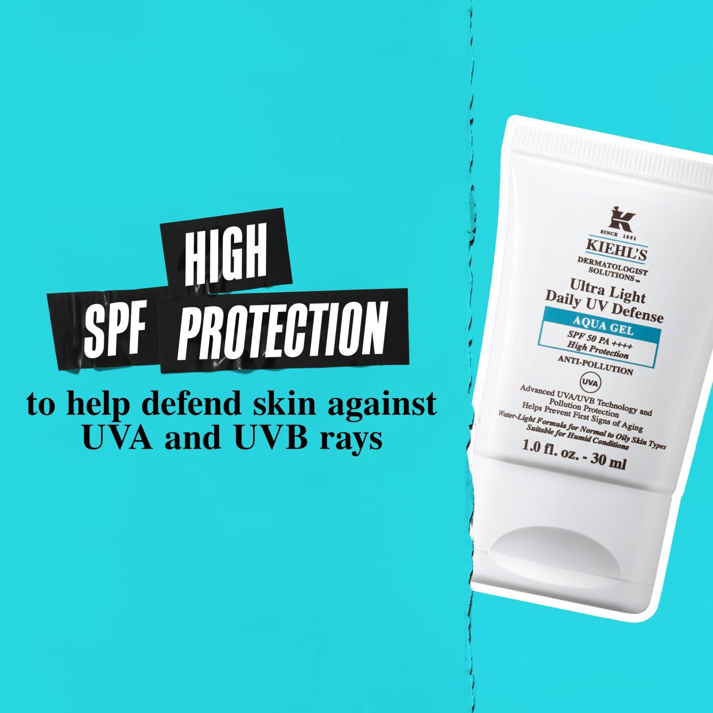 A tube of Ultra Light Daily UV Defense Aqua Gel against a blue background with text reading "High SPF Protection to help defend skin against UVA and UVB rays, external pollutants, and free radicals."