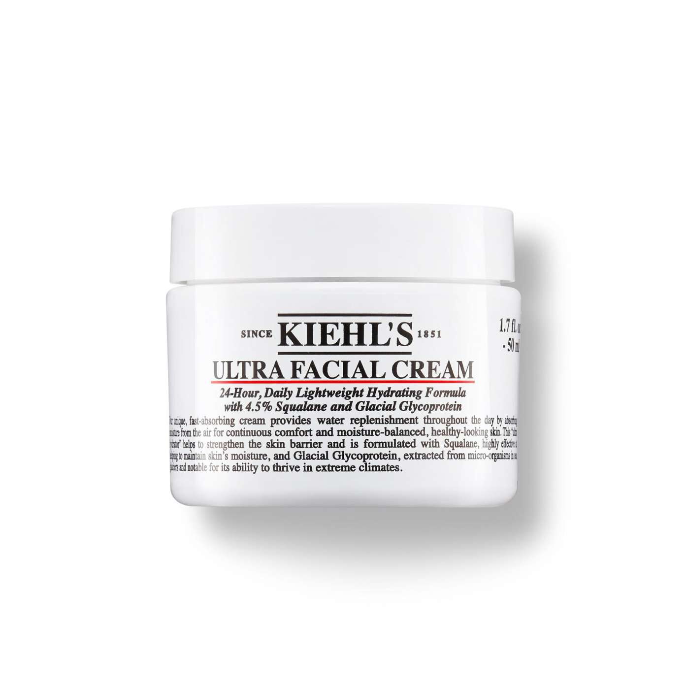Kiehl's Ultra Facial Cream jar on a white background. The label highlights hydration and key ingredients like squalane and glacial glycoprotein.