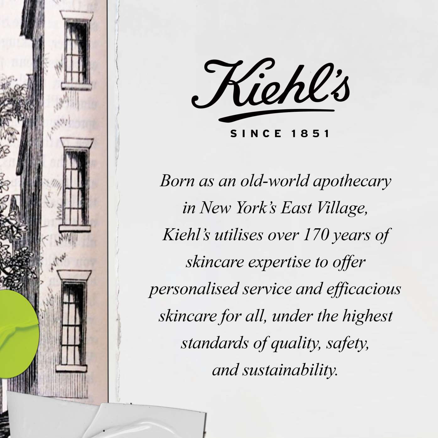 Kiehl's logo with text describing its history and commitment to quality skincare. Illustration of a building suggests an old-world apothecary style.