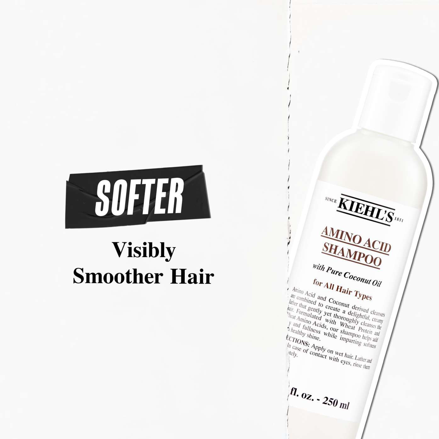 Kiehl's Amino Acid Shampoo bottle, featuring benefits: "Softer, visibly smoother hair"